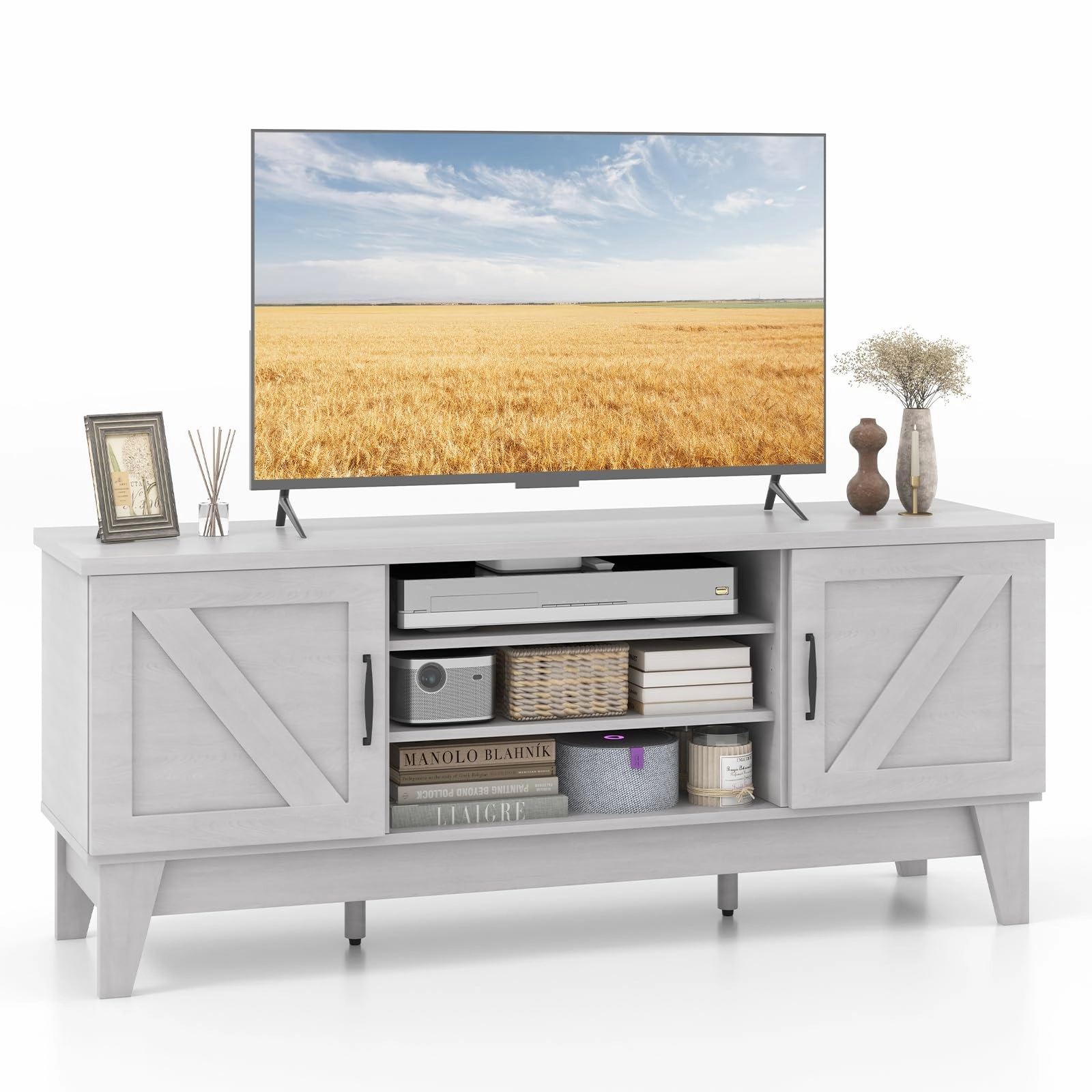 Giantex TV Stand for TVs Up to 65 Inches, 59 Entertainment Center with 2 Barn Door Cabinets, 4 Adjustable Shelves doormat, welcome mat