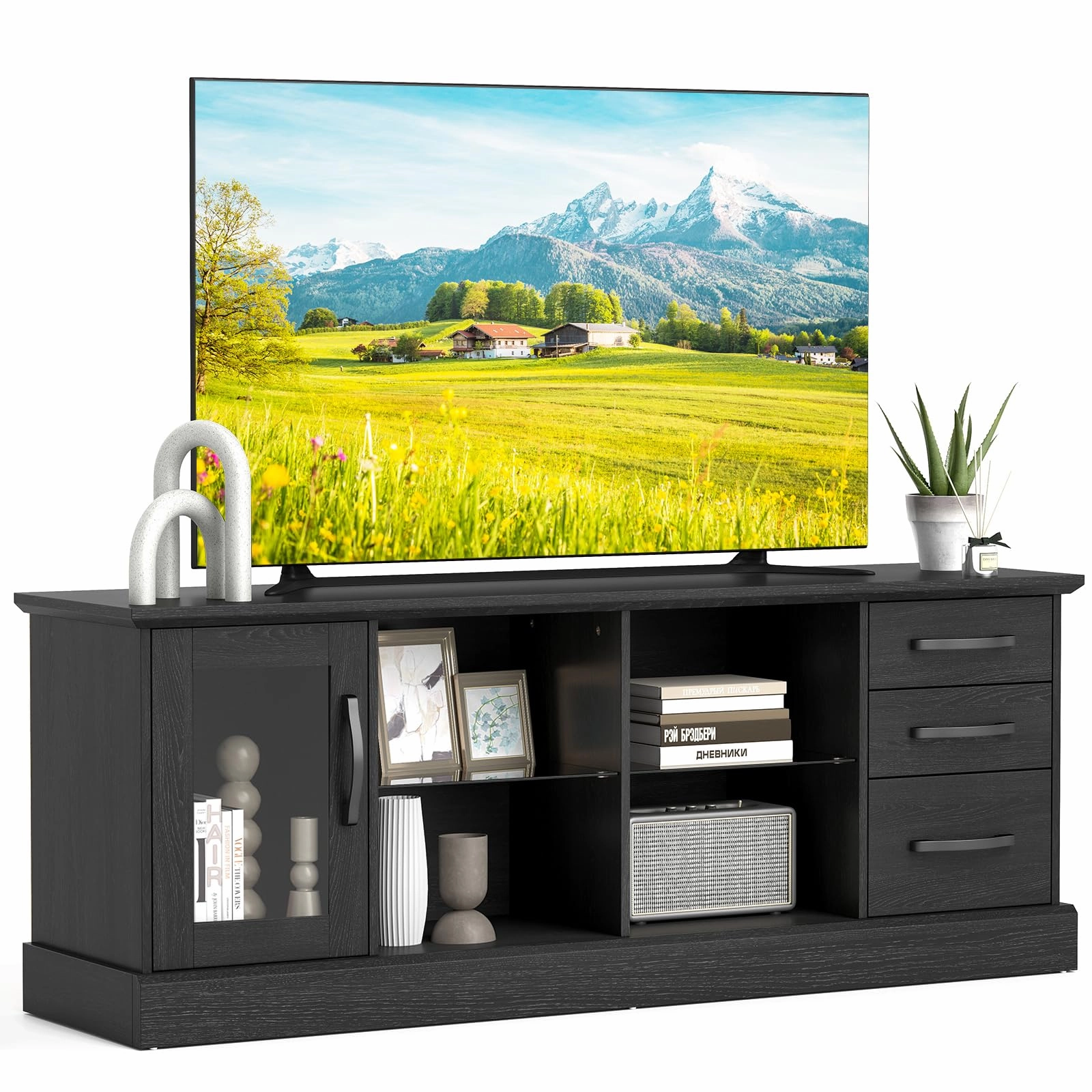 Giantex TV Stand for TVs up to 73, Entertainment Center w/Cable Management Holes, Drawers doormat, welcome mat
