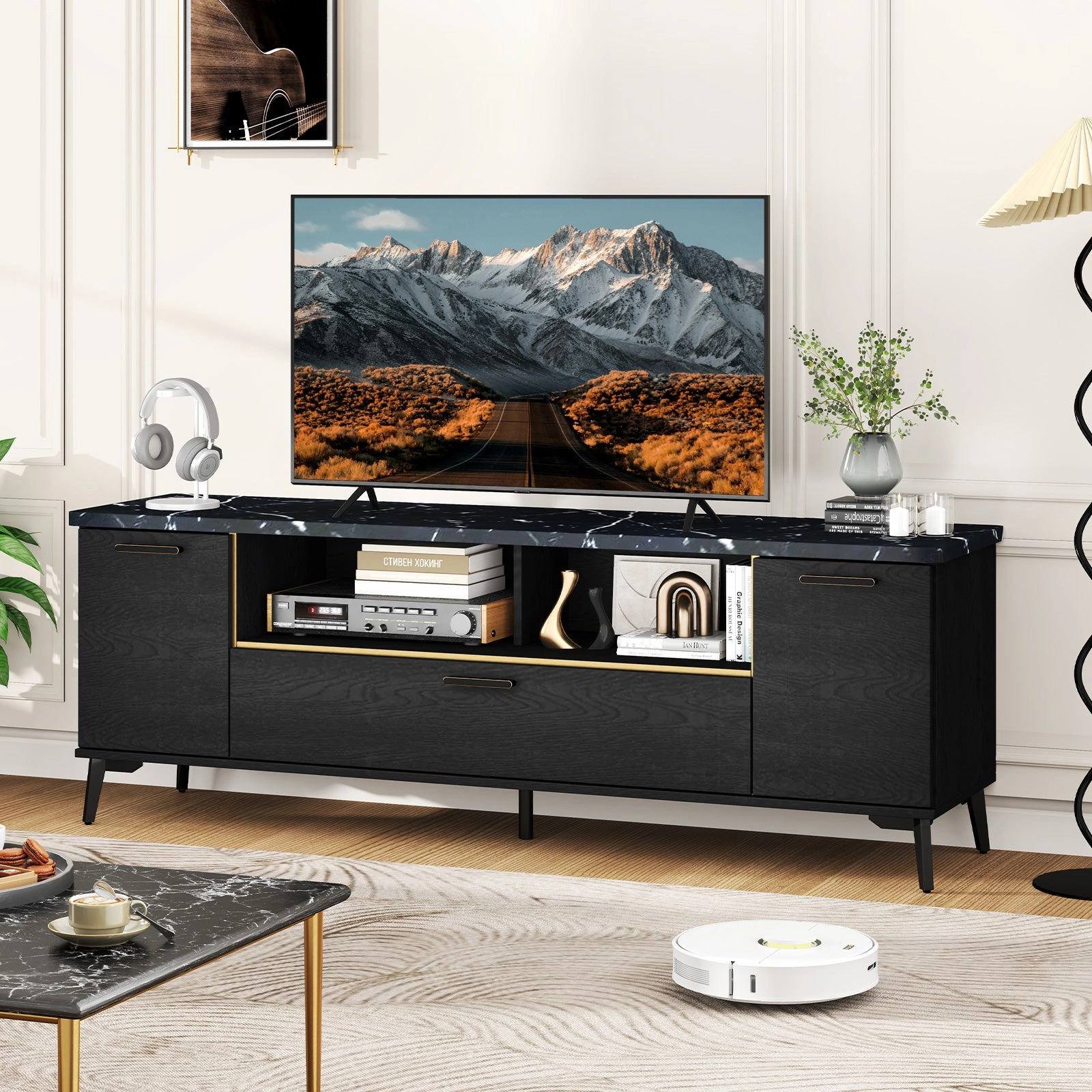 Giantex TV Stand for TVs up to 75", 63-Inch Mid Century Modern Entertainment Center with Flip Door Cabinet