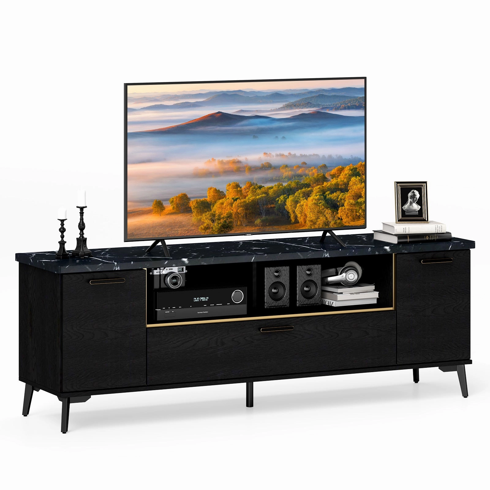 Giantex TV Stand for TVs up to 75", 63-Inch Mid Century Modern Entertainment Center with Flip Door Cabinet doormat, welcome mat