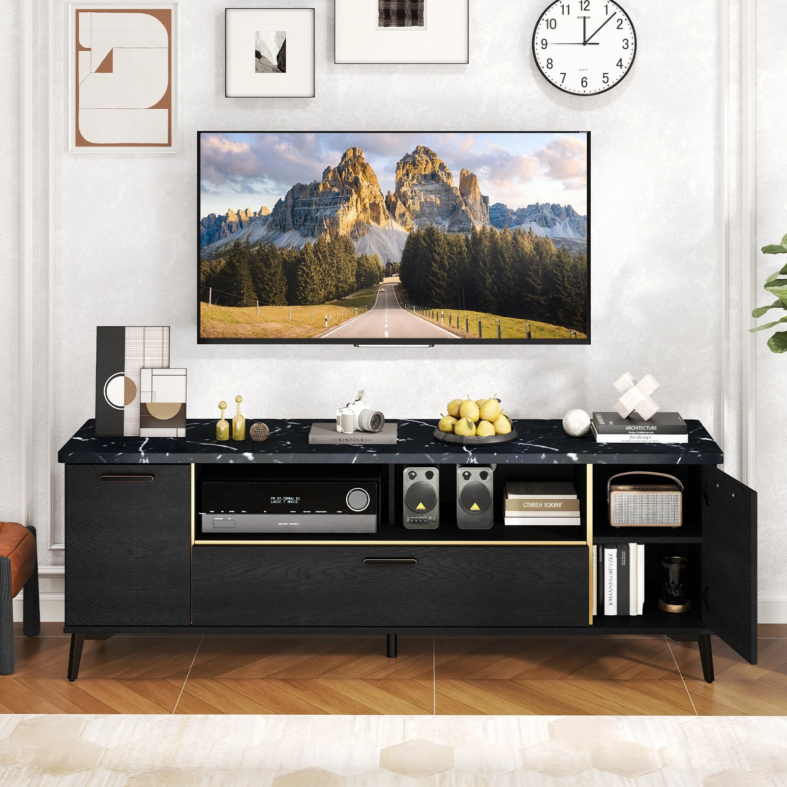 Giantex TV Stand for TVs up to 75", 63-Inch Mid Century Modern Entertainment Center with Flip Door Cabinet