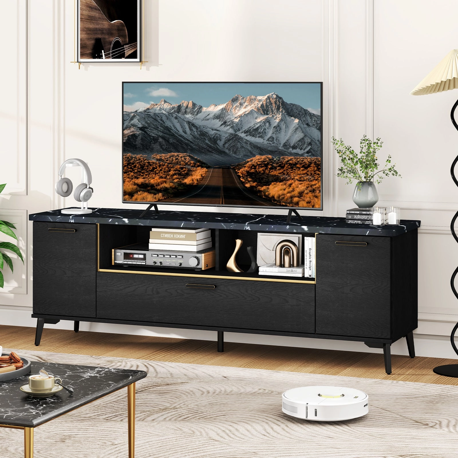 Giantex TV Stand for TVs up to 75", 63-Inch Mid Century Modern Entertainment Center with Flip Door Cabinet