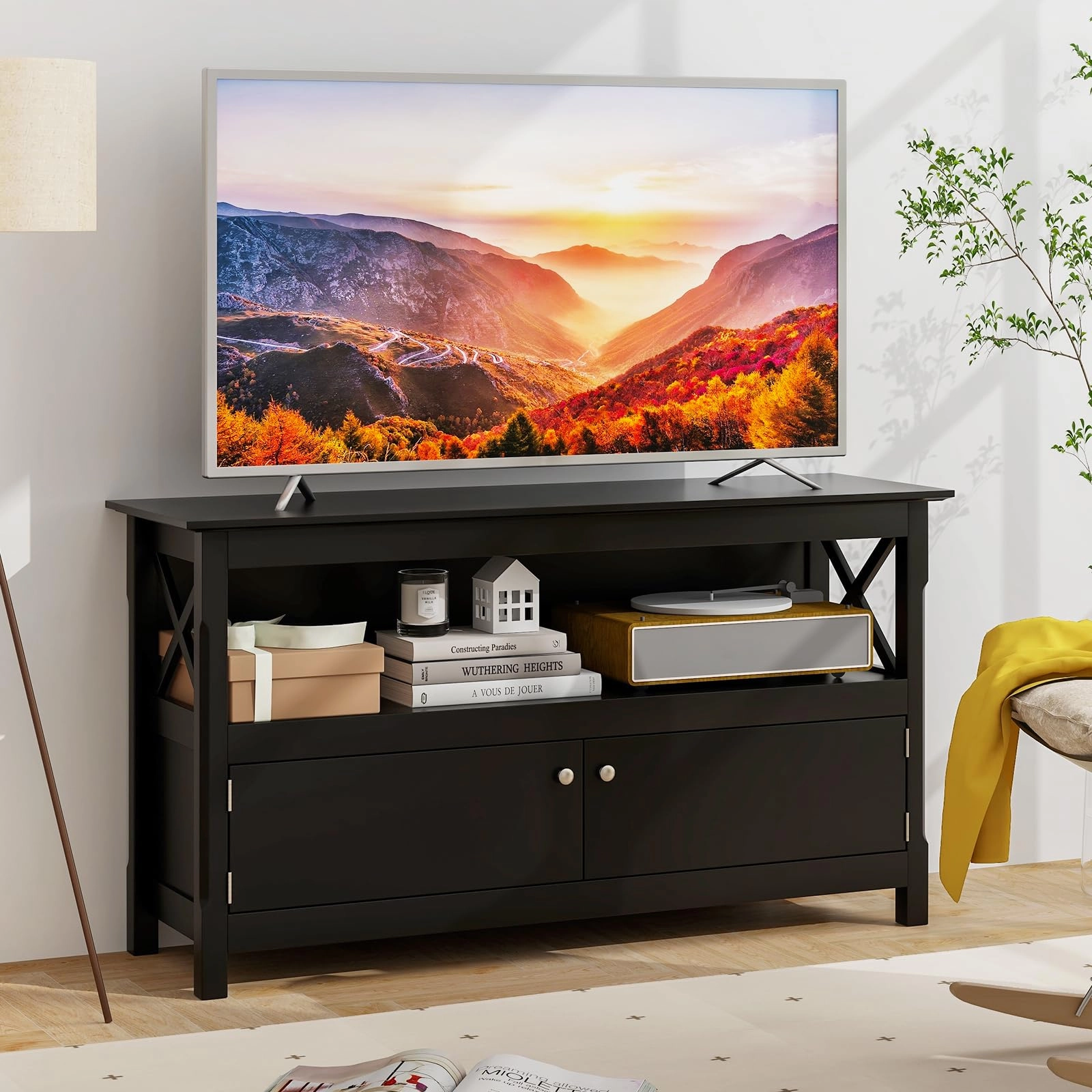 Giantex TV Stand with Power Outlet for TVs up to 50 Inch, Entertainment Center with 2-Door Cabinet