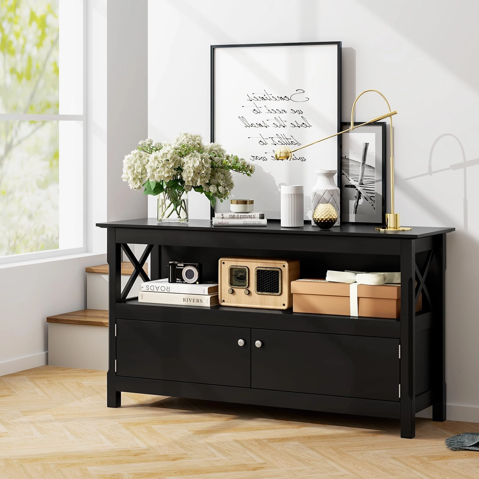 Giantex TV Stand with Power Outlet for TVs up to 50 Inch, Entertainment Center with 2-Door Cabinet