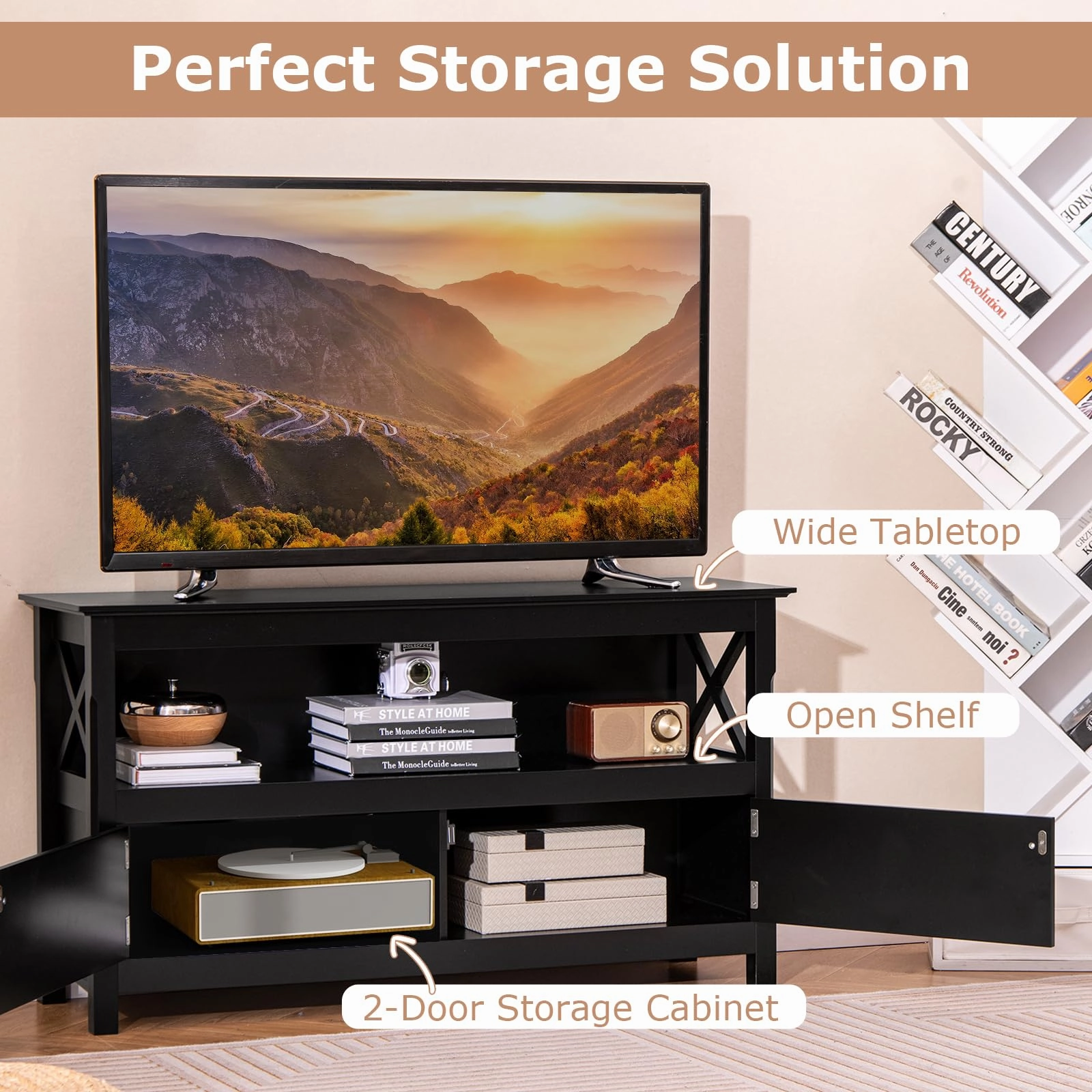 Giantex TV Stand with Power Outlet for TVs up to 50 Inch, Entertainment Center with 2-Door Cabinet