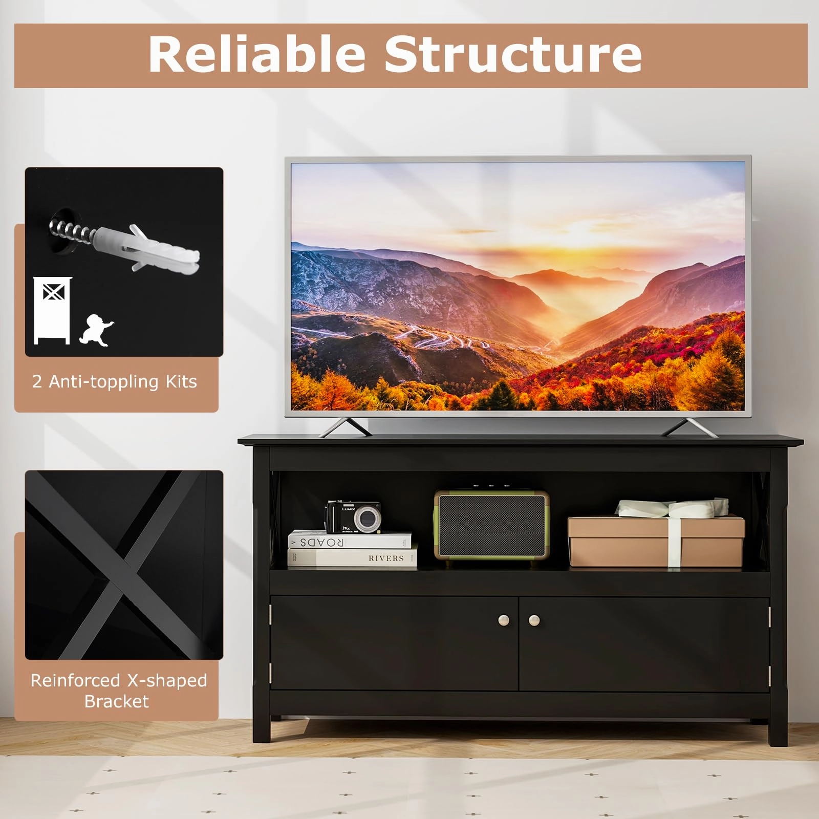 Giantex TV Stand with Power Outlet for TVs up to 50 Inch, Entertainment Center with 2-Door Cabinet