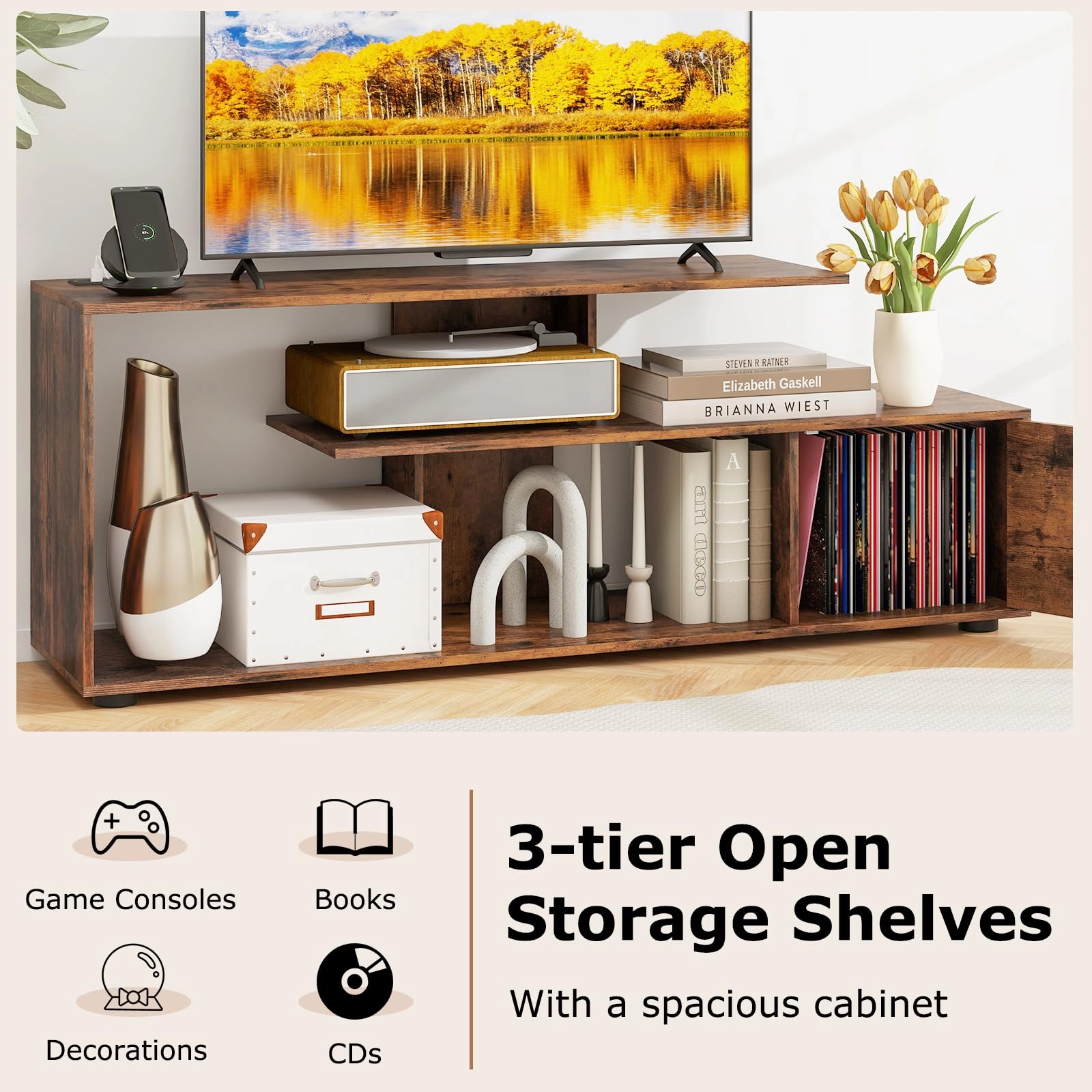 Giantex TV Stand with Power Outlet for TVs up to 55 Inch, Entertainment Center with Storage Cabinet & Open Shelves