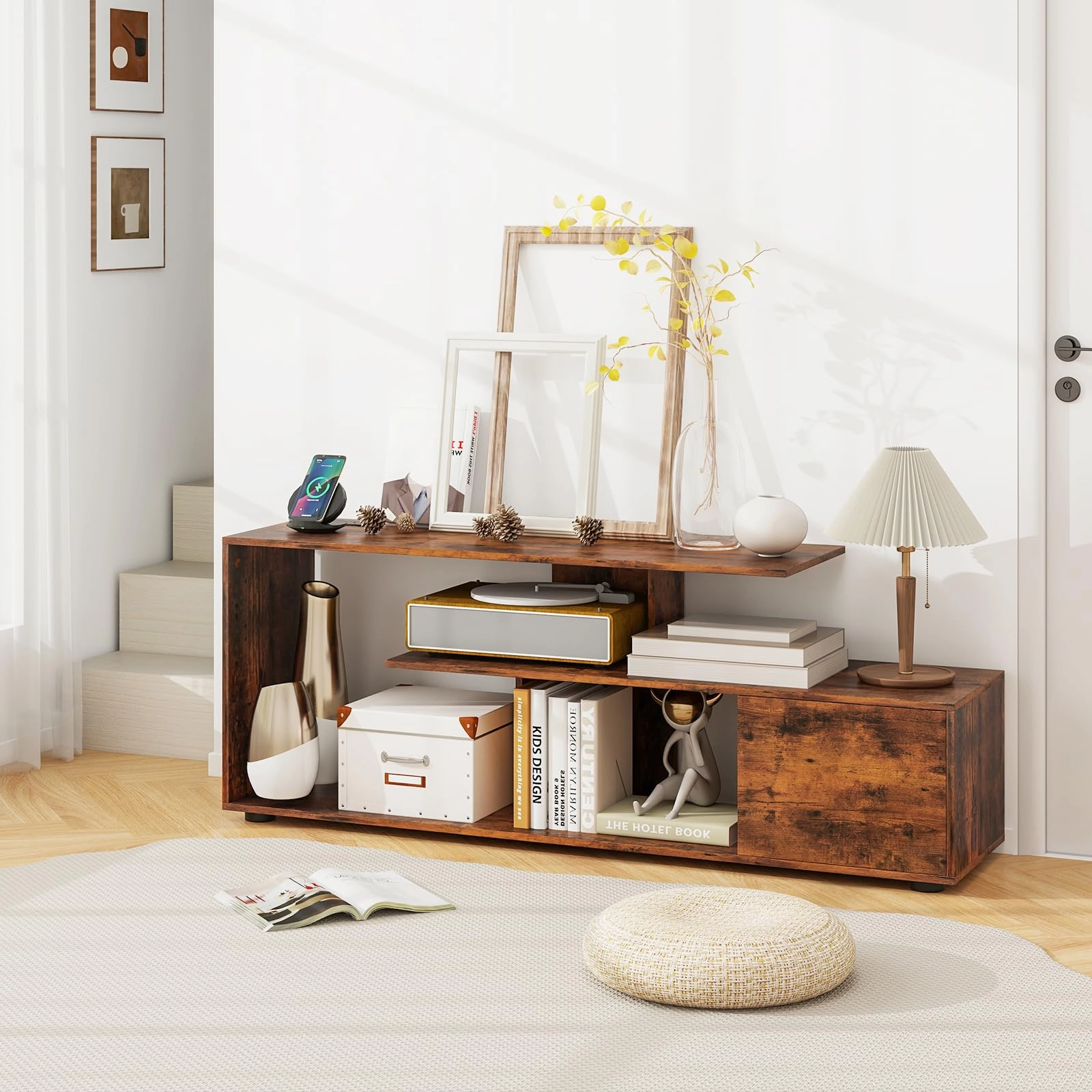 Giantex TV Stand with Power Outlet for TVs up to 55 Inch, Entertainment Center with Storage Cabinet & Open Shelves