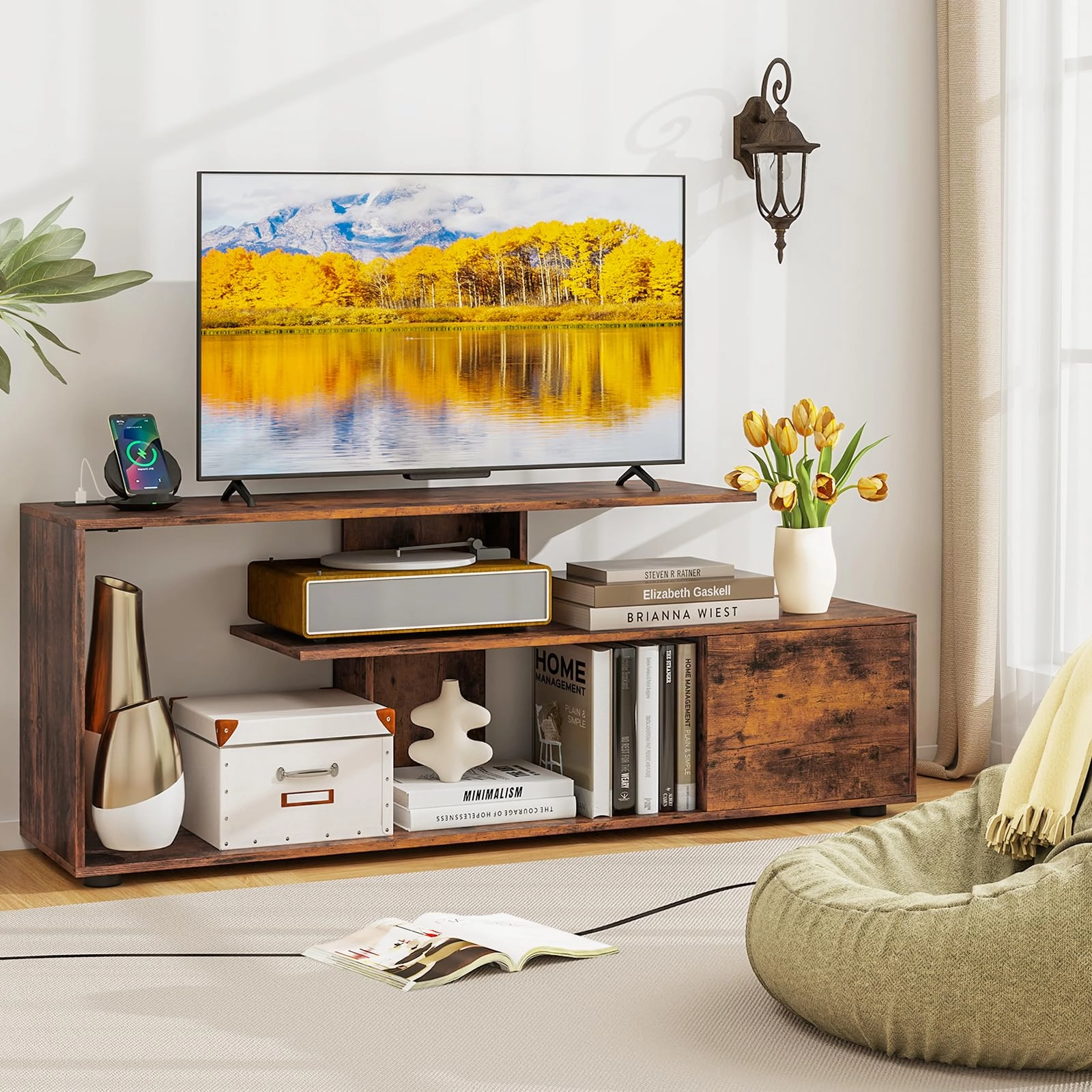 Giantex TV Stand with Power Outlet for TVs up to 55 Inch, Entertainment Center with Storage Cabinet & Open Shelves