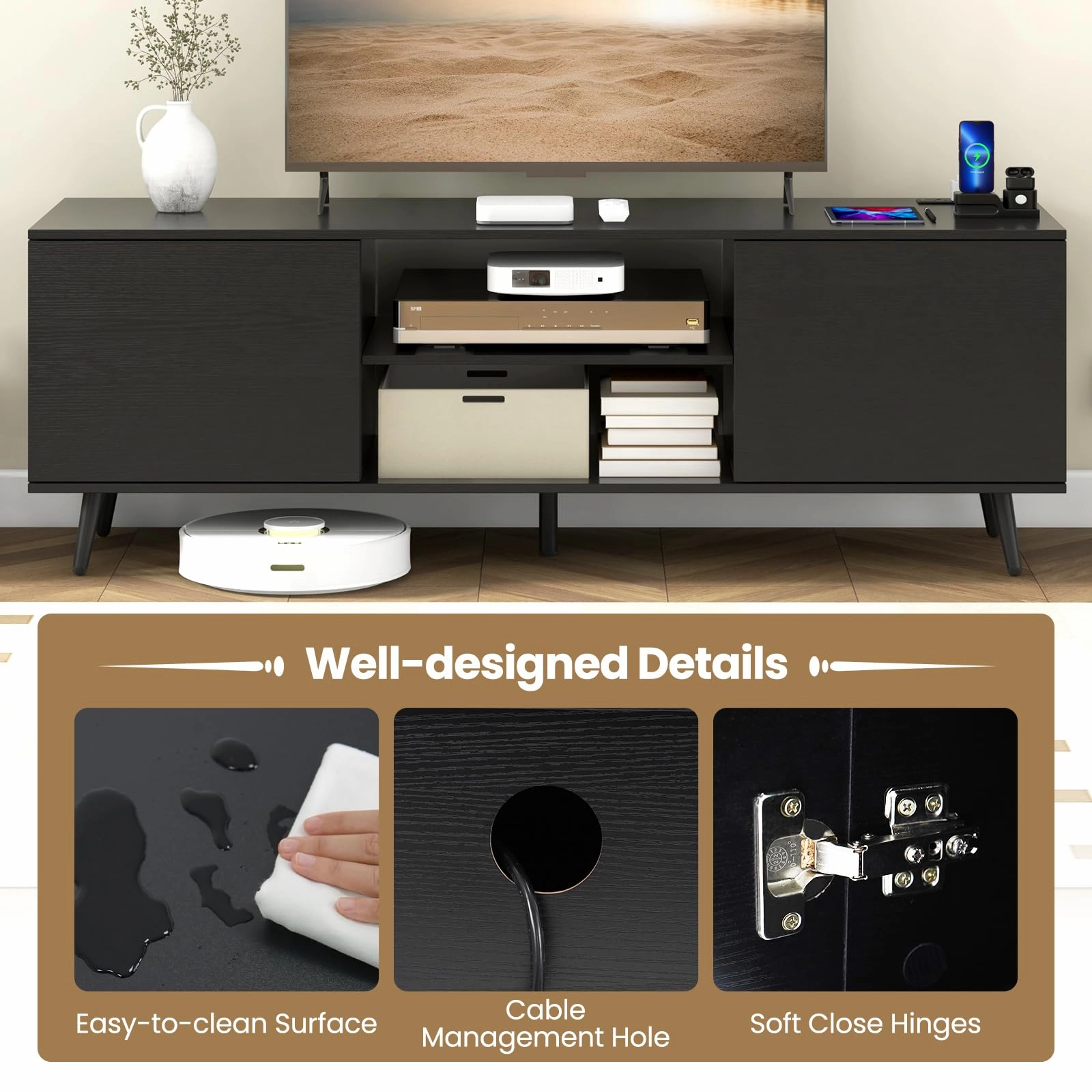 Giantex TV Stand with Power Outlet for TVs up to 60'', Entertainment Center with Cable Hole, Cabinets