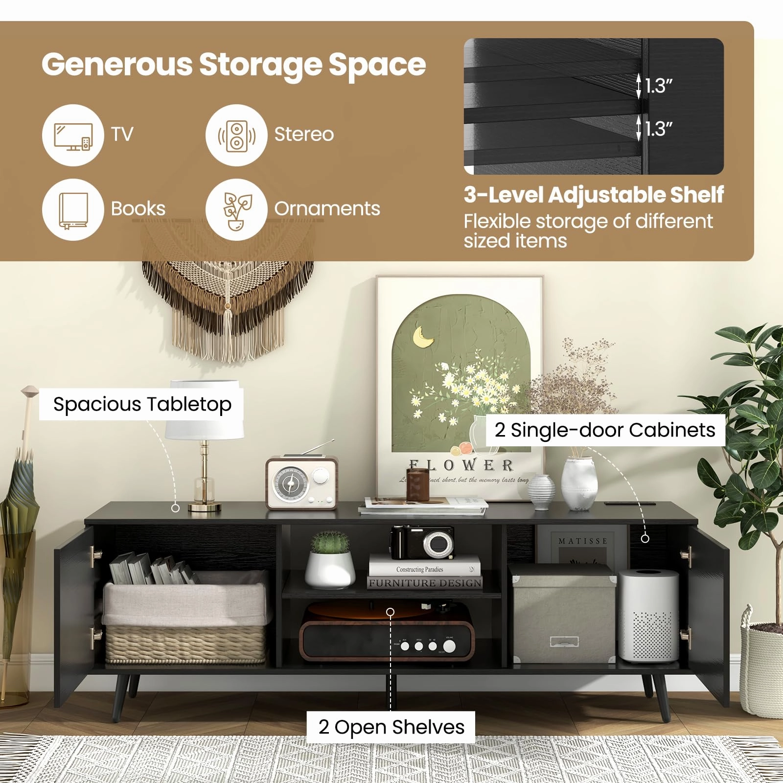 Giantex TV Stand with Power Outlet for TVs up to 60'', Entertainment Center with Cable Hole, Cabinets