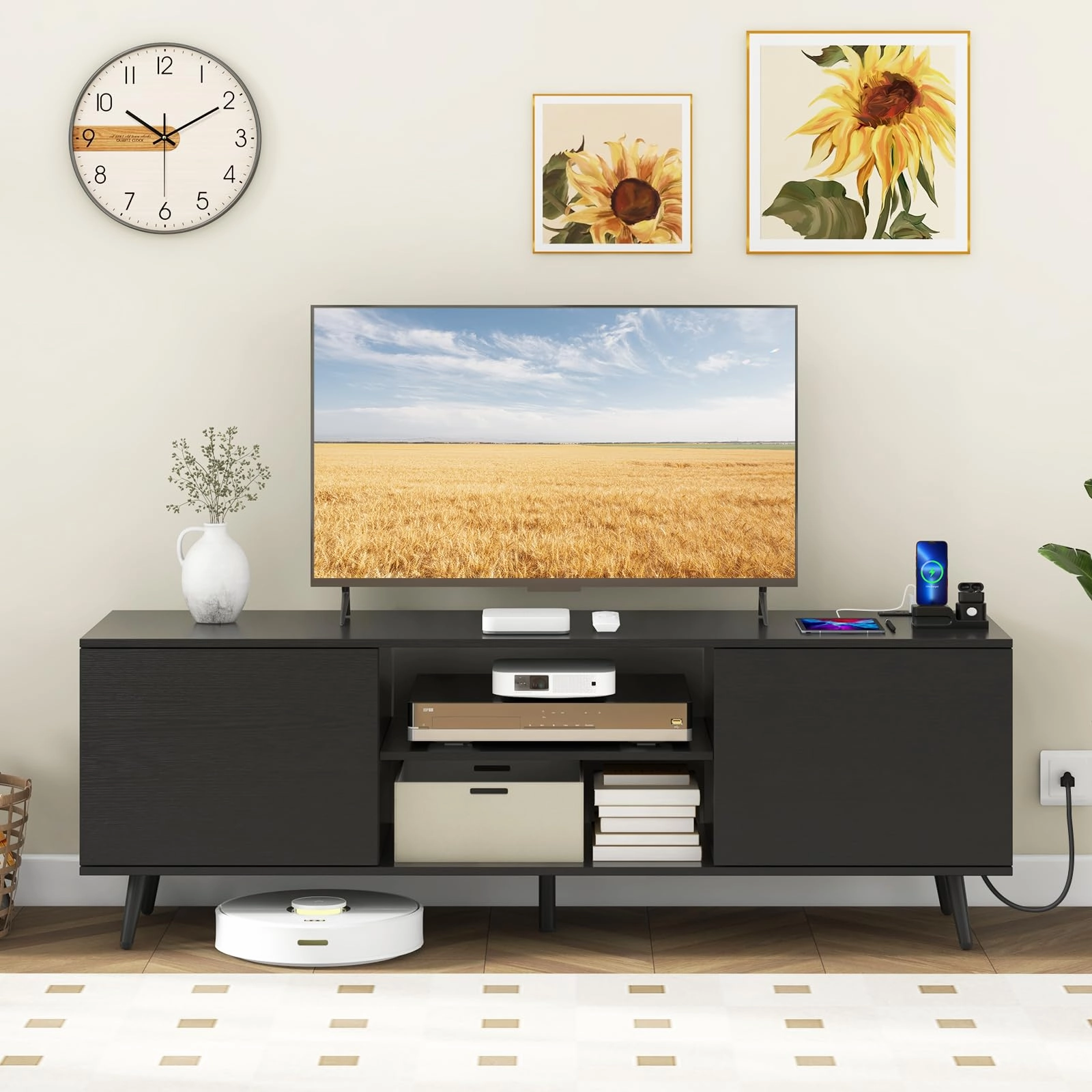 Giantex TV Stand with Power Outlet for TVs up to 60'', Entertainment Center with Cable Hole, Cabinets