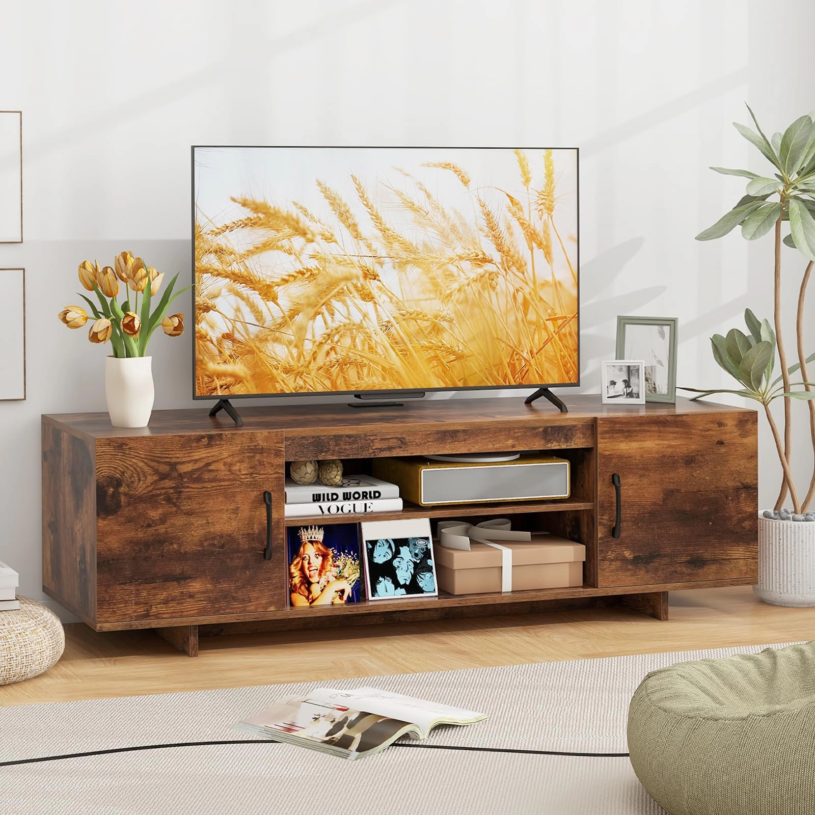 Giantex TV Stand with Power Outlet for TVs up to 70, Entertainment Center w/ 2 Cable Holes, Open Shelves