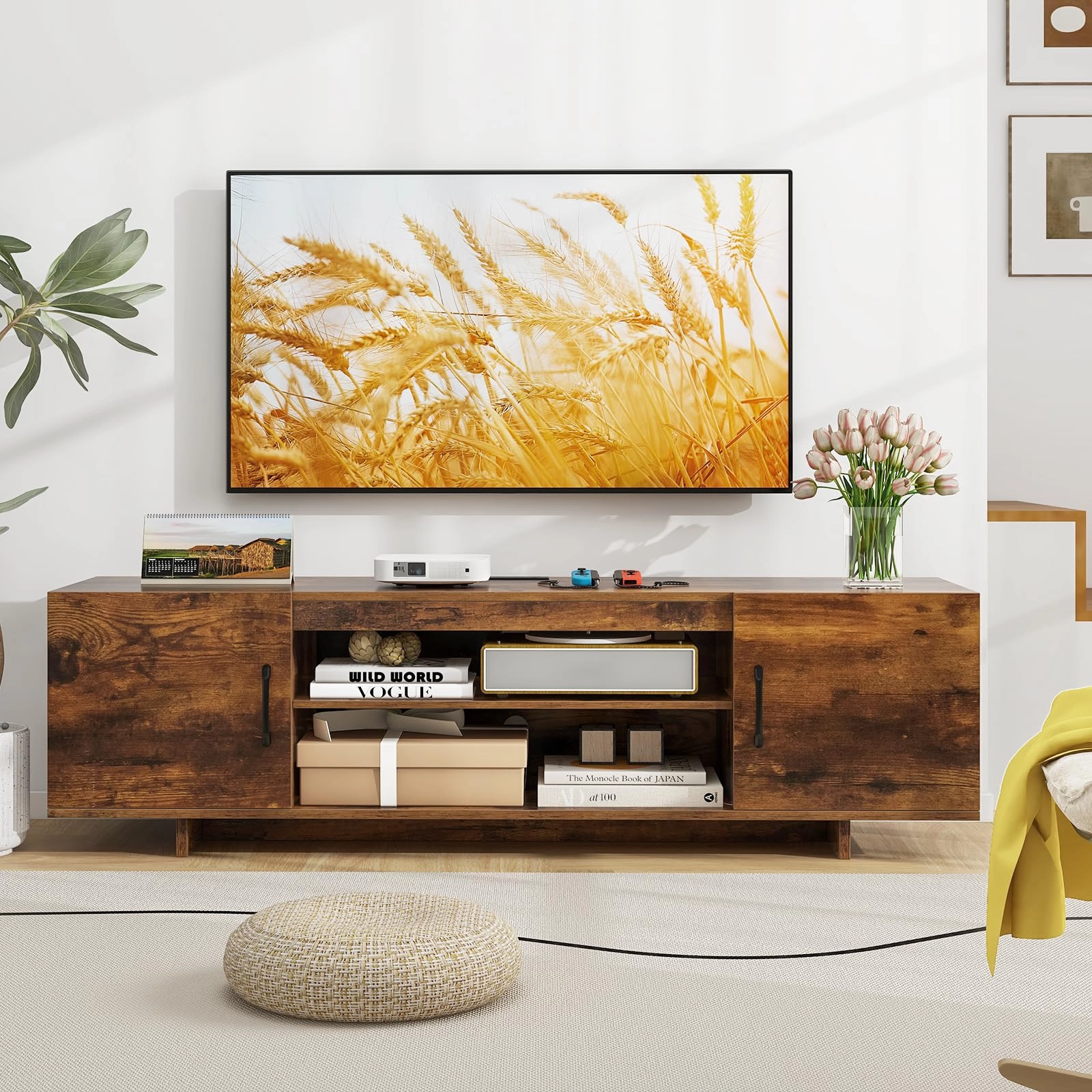 Giantex TV Stand with Power Outlet for TVs up to 70, Entertainment Center w/ 2 Cable Holes, Open Shelves
