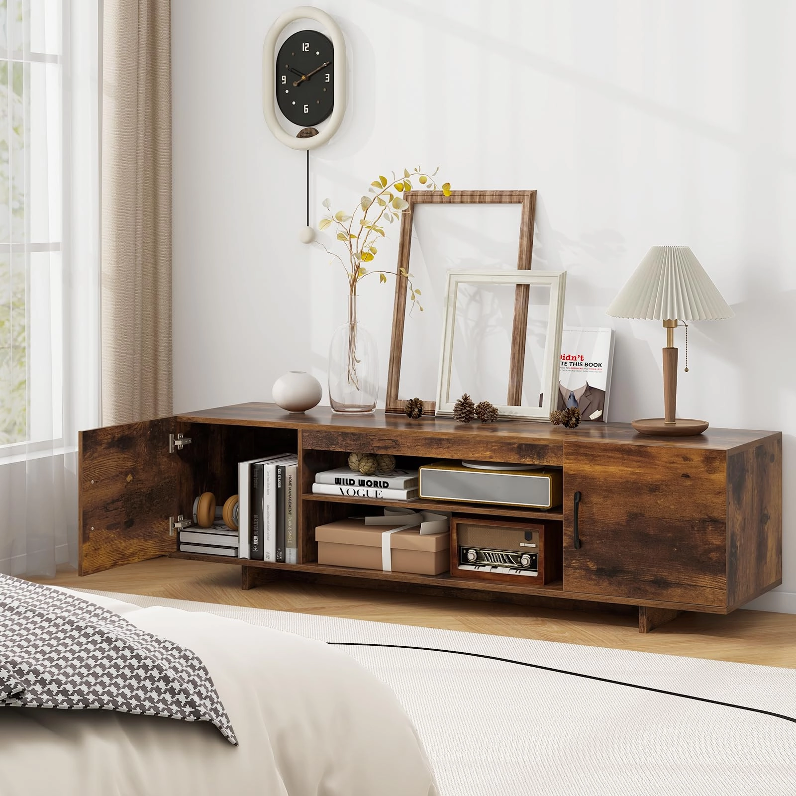 Giantex TV Stand with Power Outlet for TVs up to 70, Entertainment Center w/ 2 Cable Holes, Open Shelves