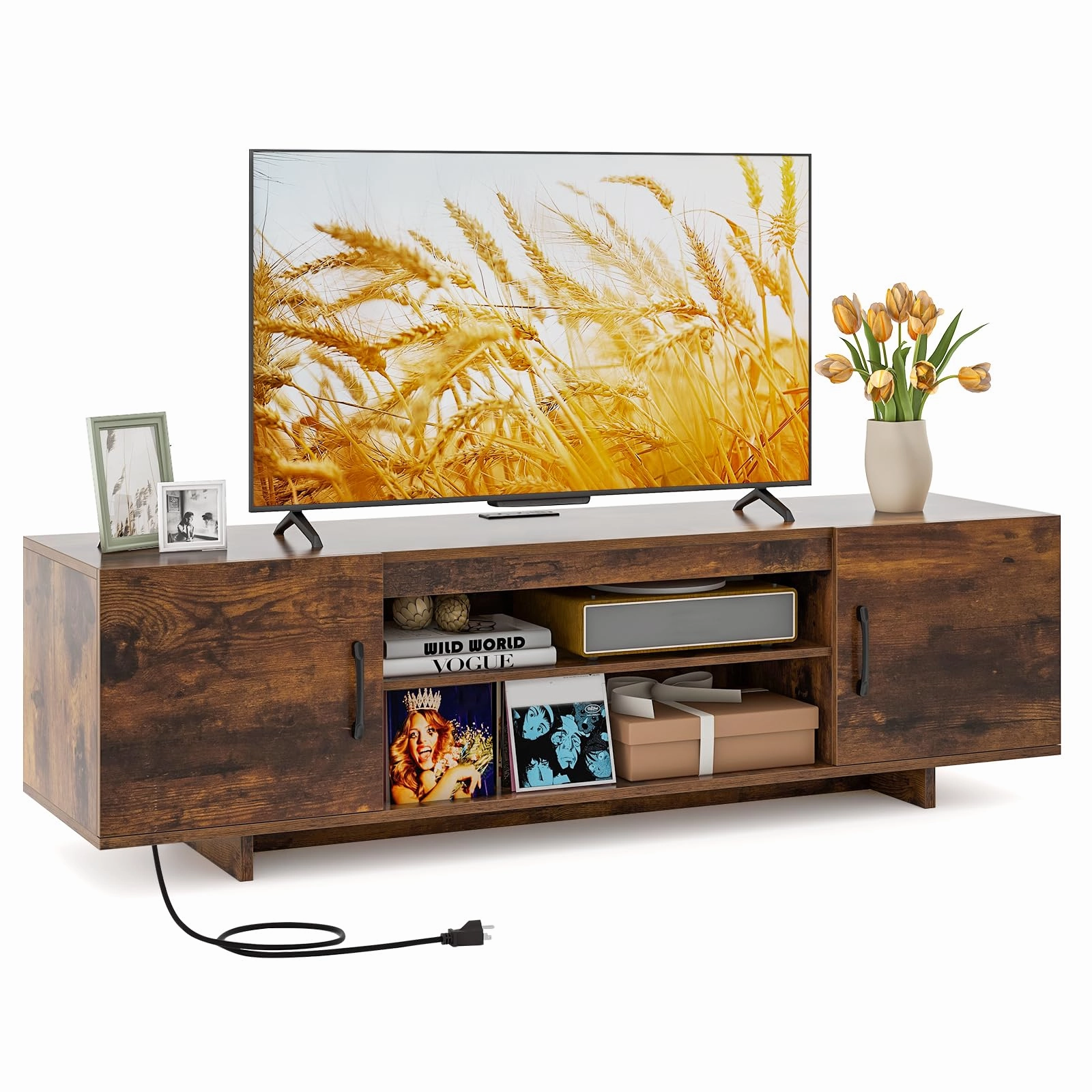 Giantex TV Stand with Power Outlet for TVs up to 70, Entertainment Center w/ 2 Cable Holes, Open Shelves throw pillow, fuzzy blanket