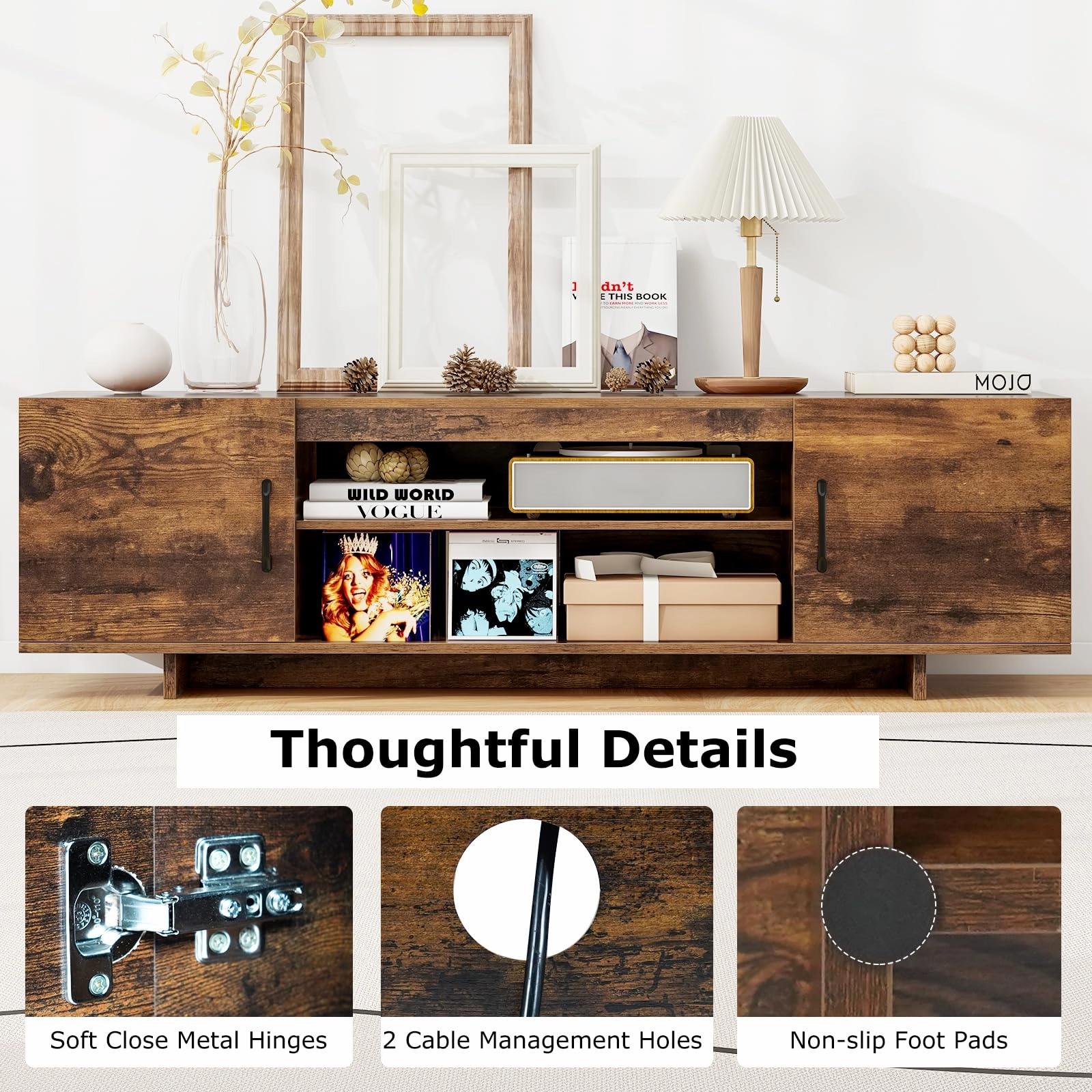 Giantex TV Stand with Power Outlet for TVs up to 70, Entertainment Center w/ 2 Cable Holes, Open Shelves