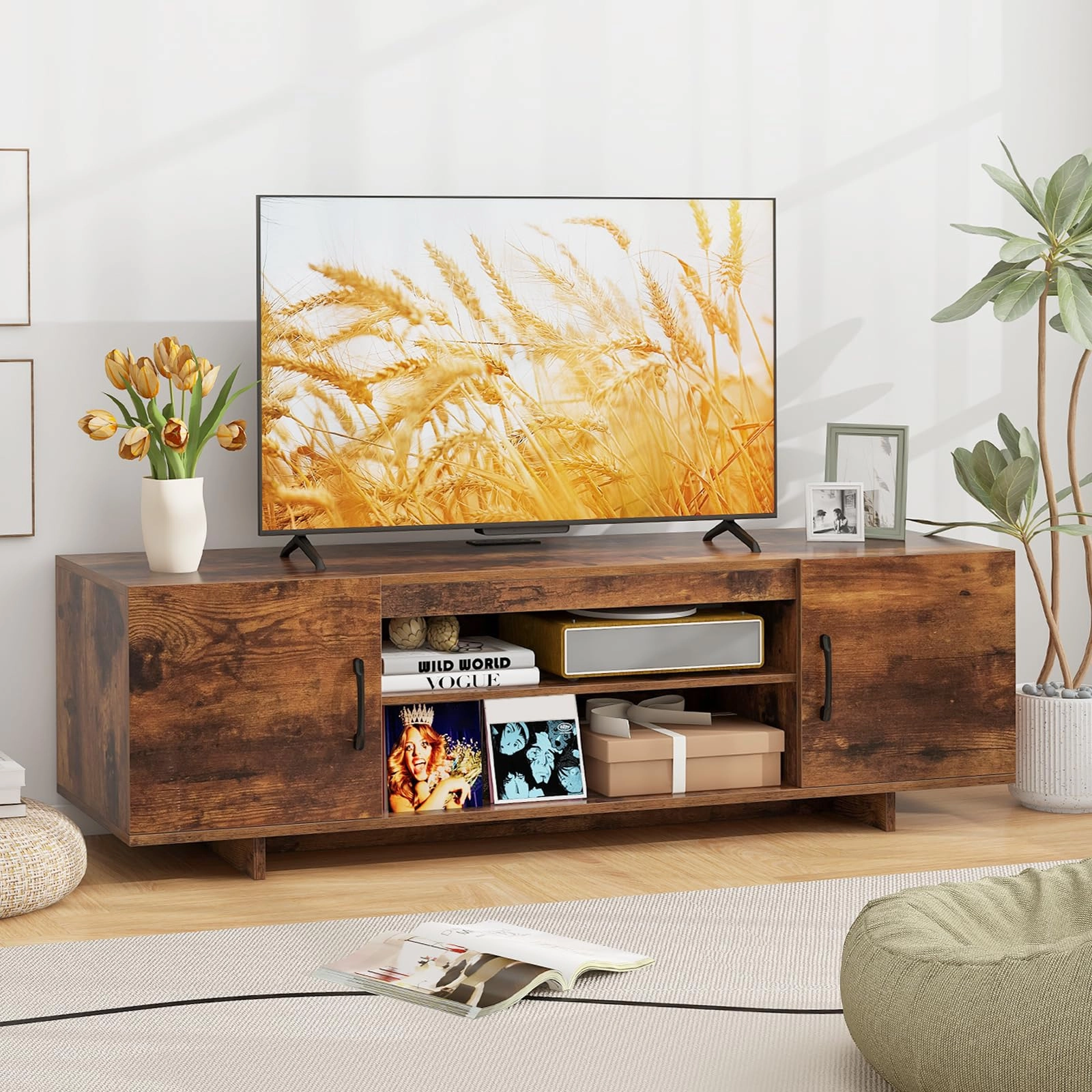 Giantex TV Stand with Power Outlet for TVs up to 70, Entertainment Center w/ 2 Cable Holes, Open Shelves