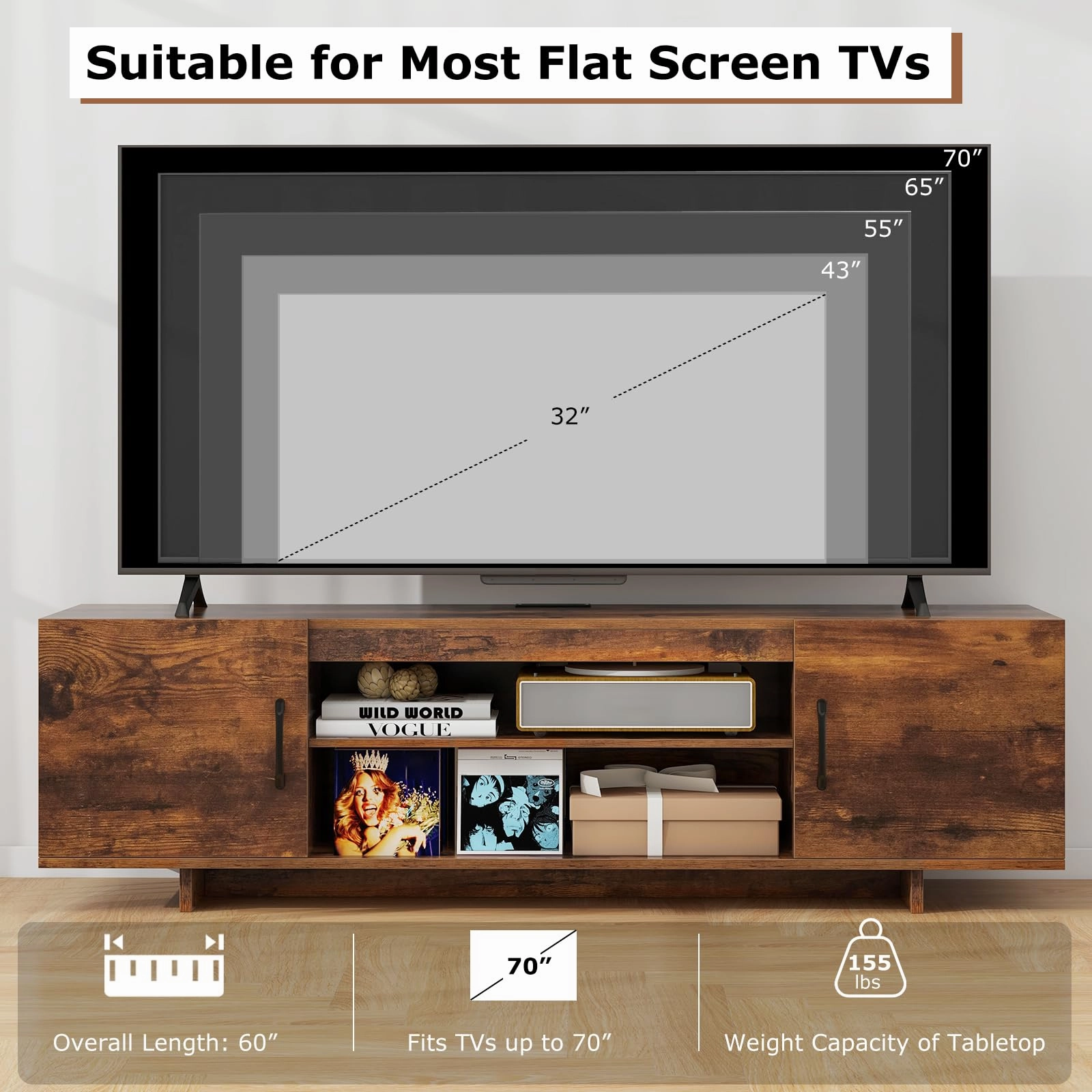 Giantex TV Stand with Power Outlet for TVs up to 70, Entertainment Center w/ 2 Cable Holes, Open Shelves
