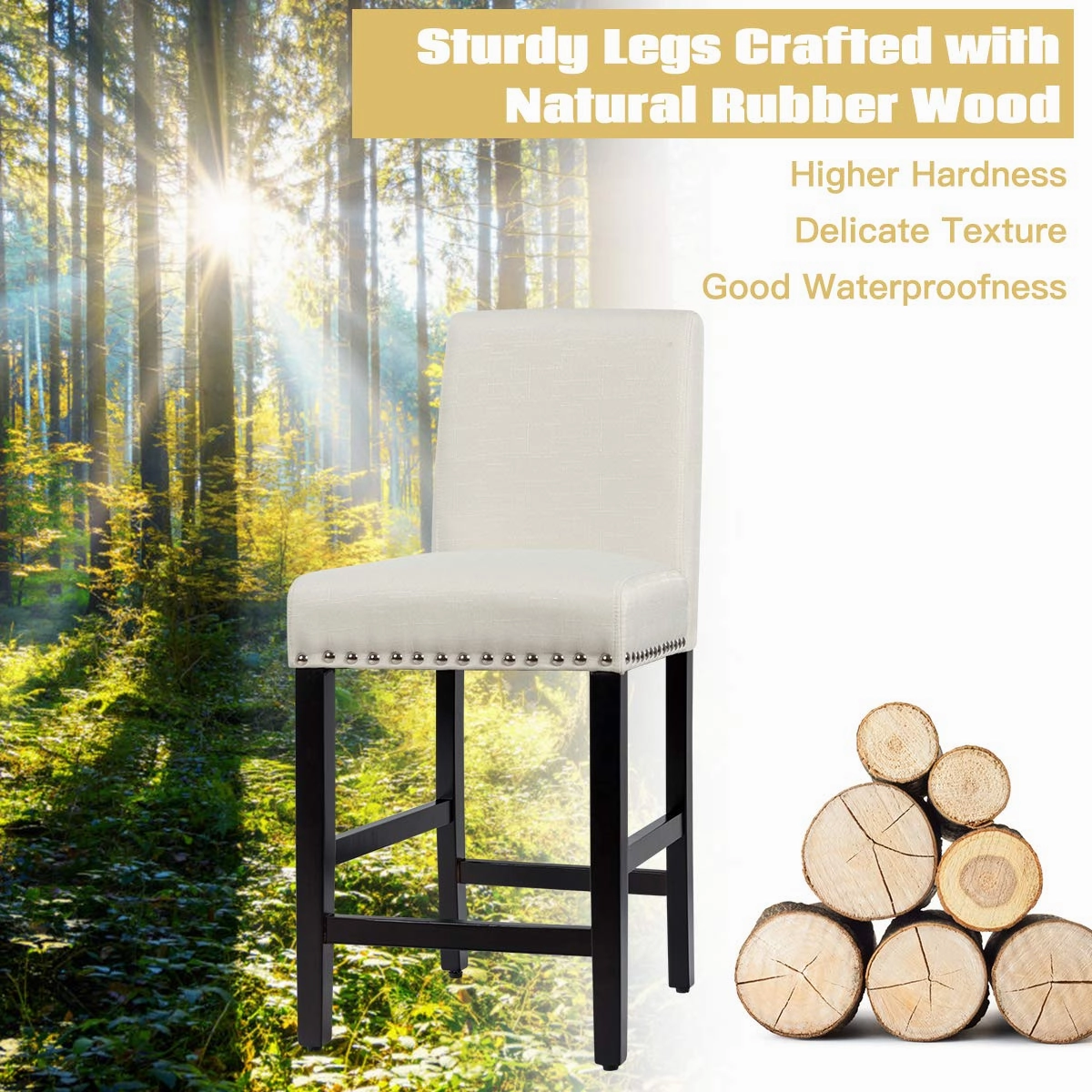 Giantex Upholstered Counter Height Bar Stools w/ Rubber Wood Legs, Breathable Linen Fabric