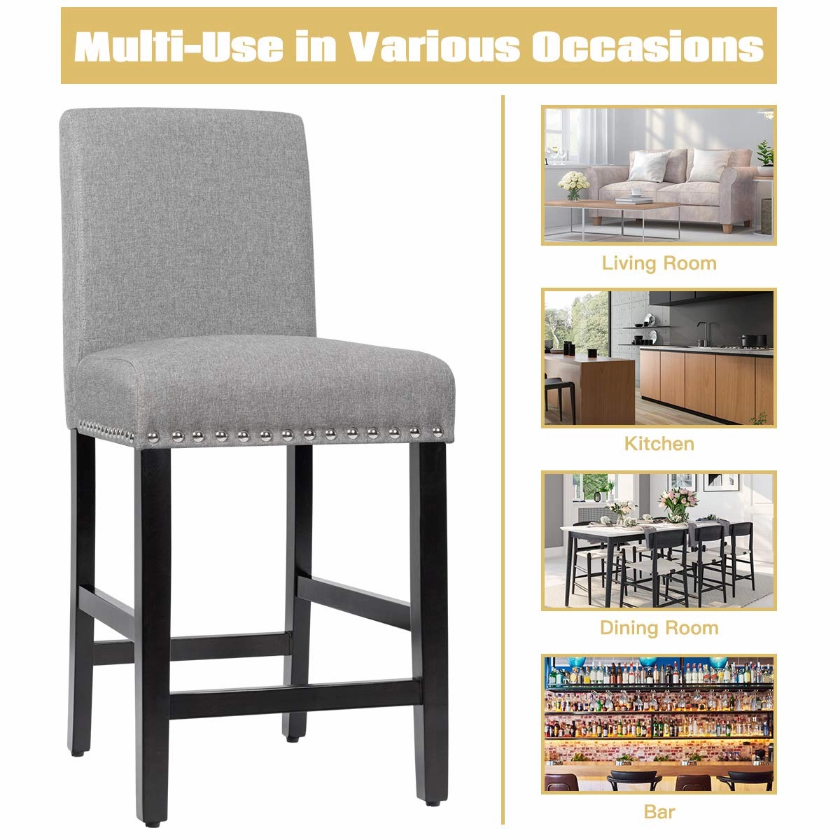 Giantex Upholstered Counter Height Bar Stools w/ Rubber Wood Legs, Breathable Linen Fabric