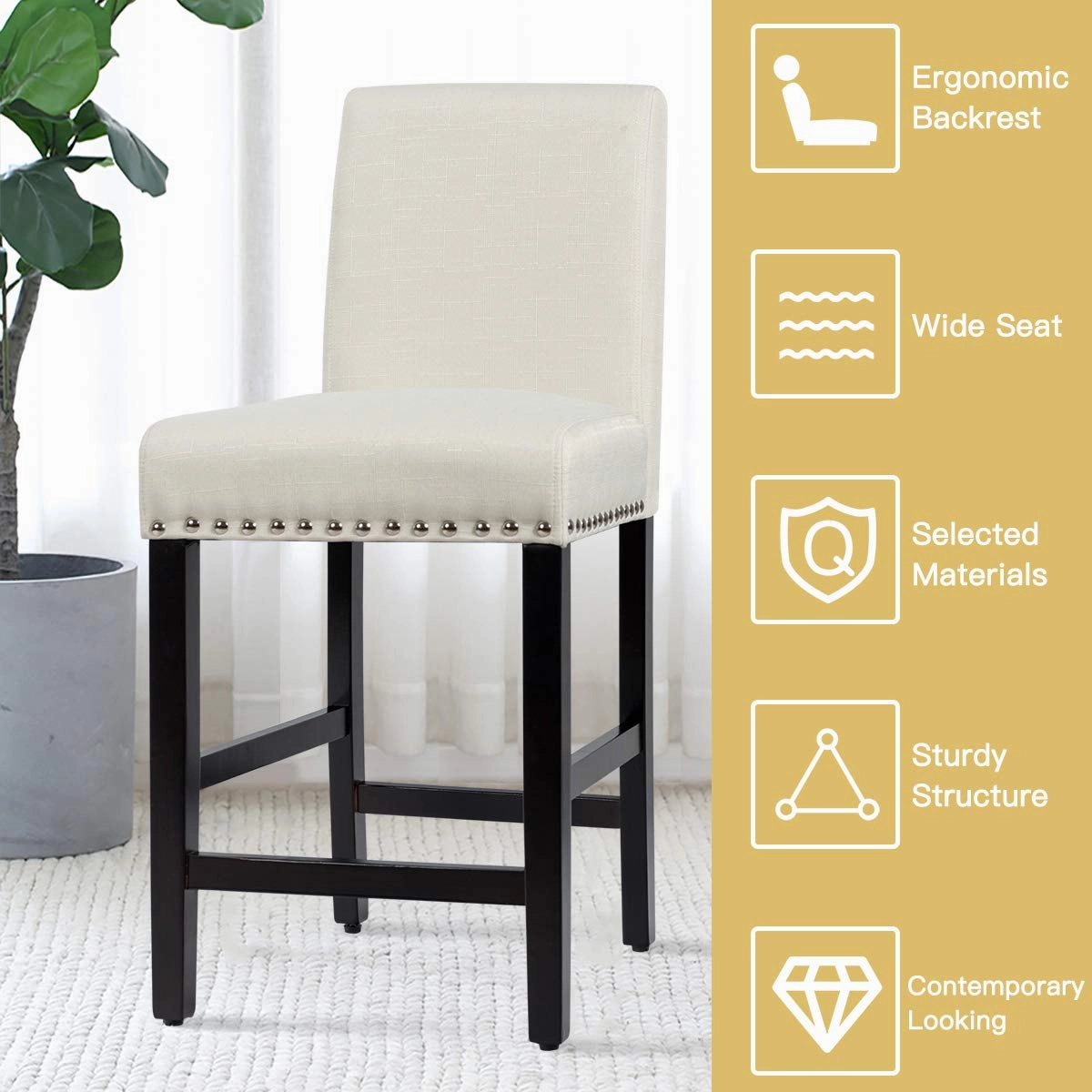Giantex Upholstered Counter Height Bar Stools w/ Rubber Wood Legs, Breathable Linen Fabric