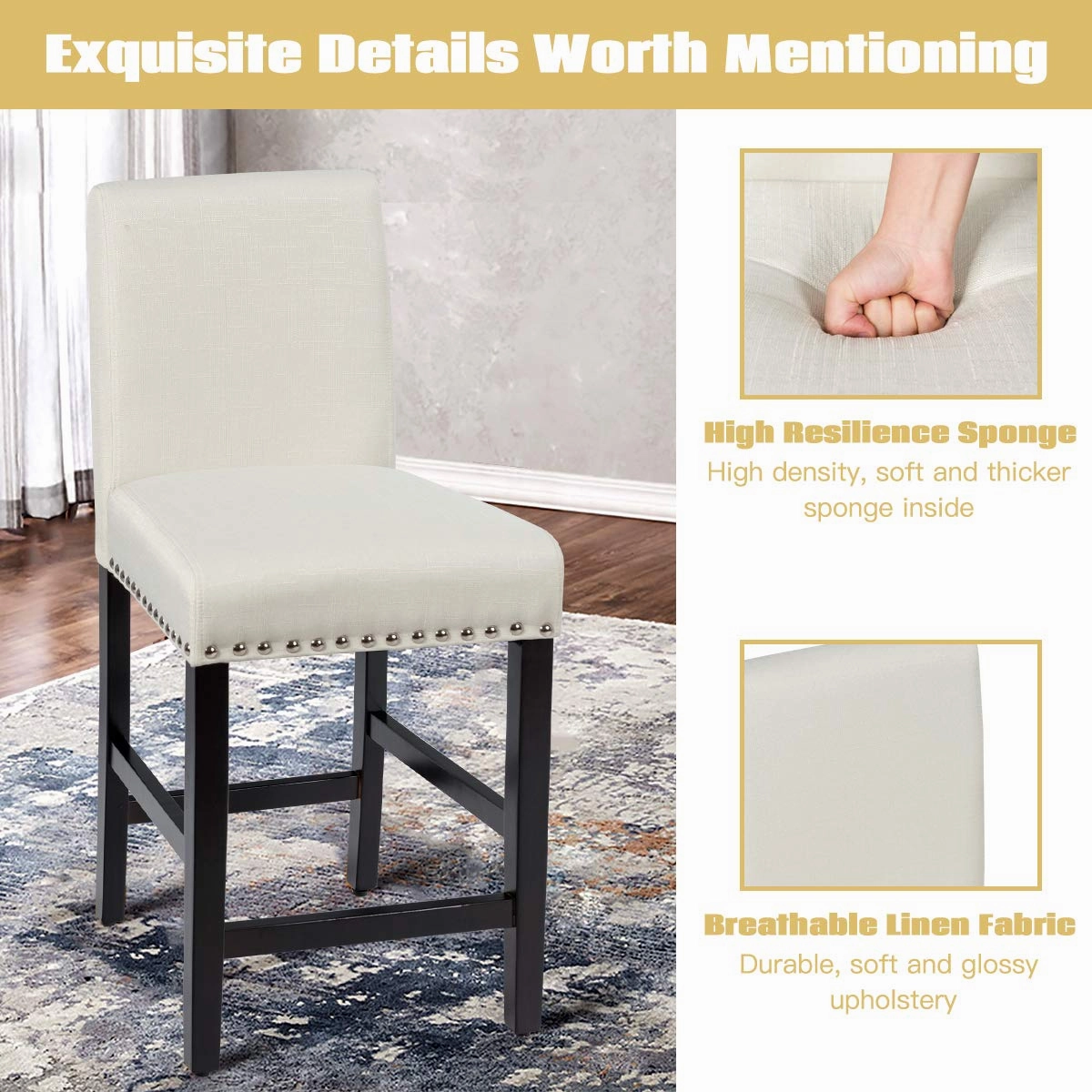 Giantex Upholstered Counter Height Bar Stools w/ Rubber Wood Legs, Breathable Linen Fabric