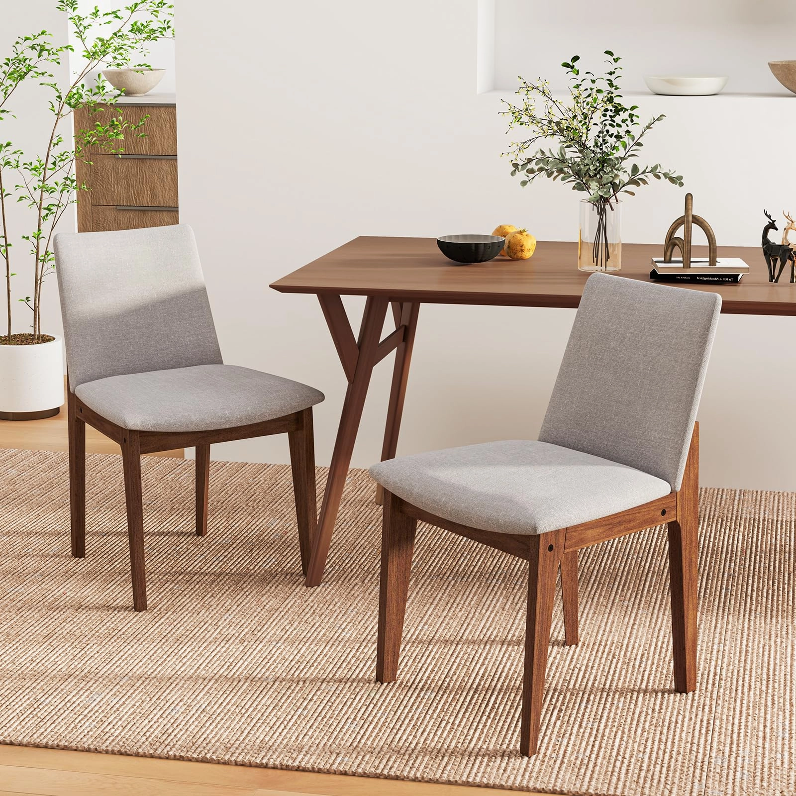 Giantex Upholstered Dining Chairs Set of 2/4, Linen Fabric Wooden Kitchen Chairs w/Rubber Wood Frame