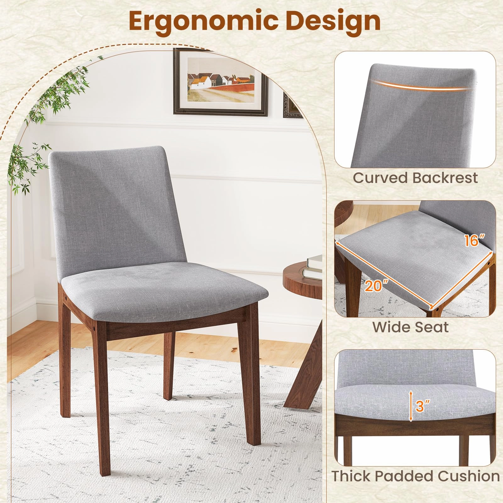Giantex Upholstered Dining Chairs Set of 2/4, Linen Fabric Wooden Kitchen Chairs w/Rubber Wood Frame