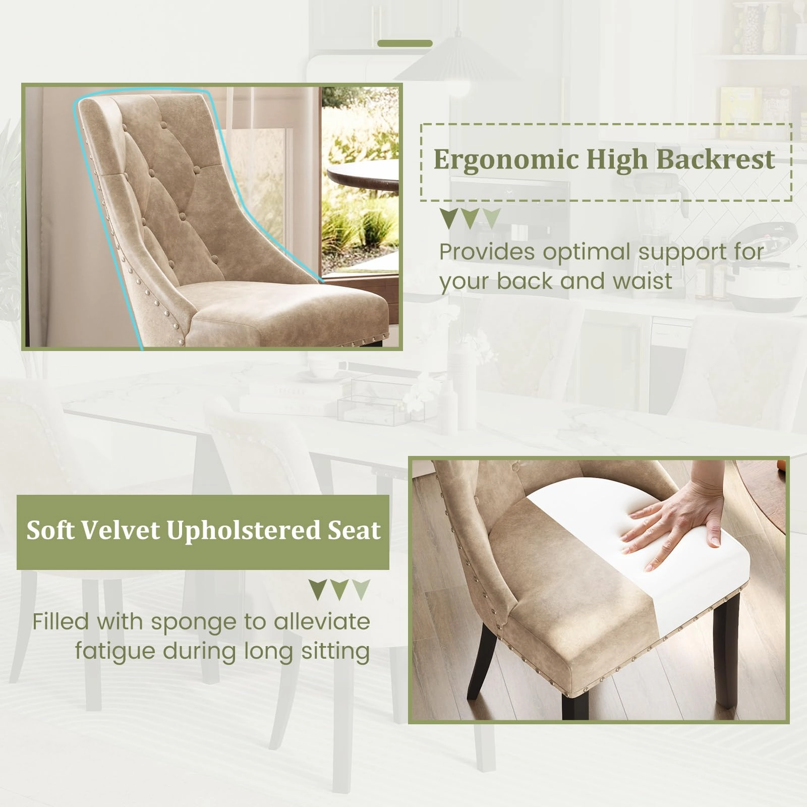 Giantex Upholstered Dining Chairs Set of 2/4, Tufted Wingback Kitchen Chairs w/Solid Wood Legs, Padded Seat