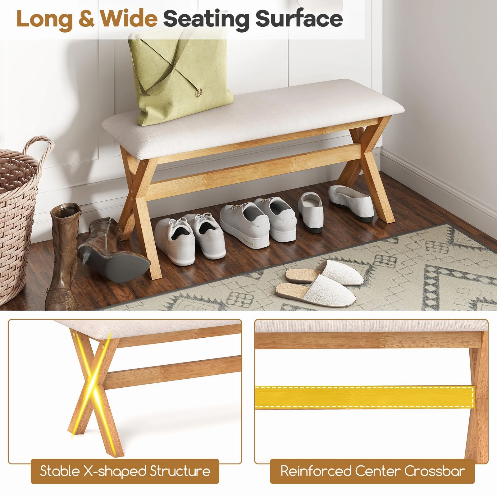 Giantex Upholstered Long Entryway Bench, Rubber Wood Dining Bench with Padded Seat, 43.5x15.5x17.5 Inches, 400 Lbs Capacity