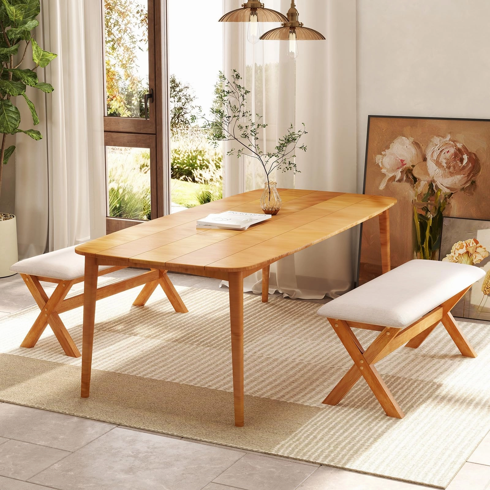 Giantex Upholstered Long Entryway Bench, Rubber Wood Dining Bench with Padded Seat, 43.5x15.5x17.5 Inches, 400 Lbs Capacity