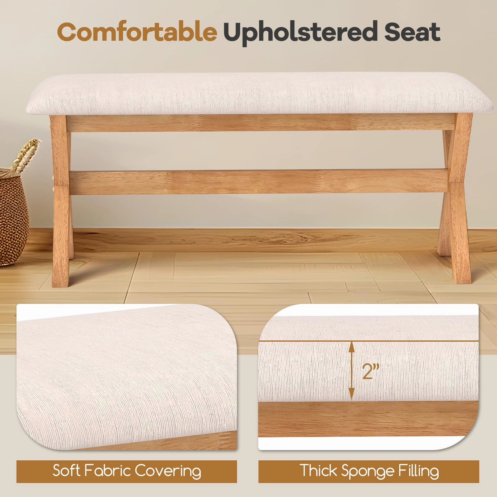 Giantex Upholstered Long Entryway Bench, Rubber Wood Dining Bench with Padded Seat, 43.5x15.5x17.5 Inches, 400 Lbs Capacity