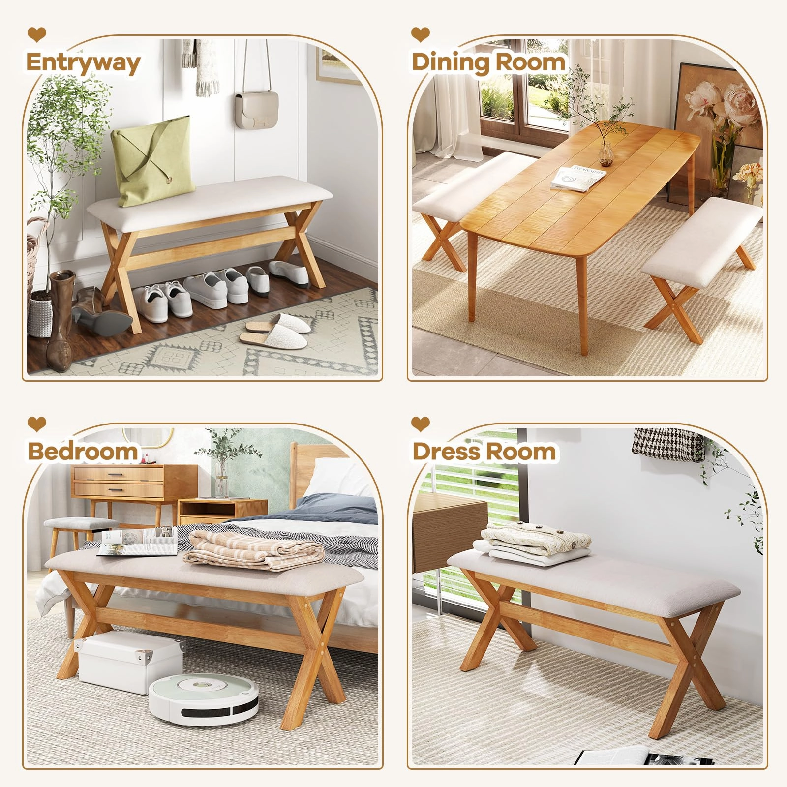 Giantex Upholstered Long Entryway Bench, Rubber Wood Dining Bench with Padded Seat, 43.5x15.5x17.5 Inches, 400 Lbs Capacity