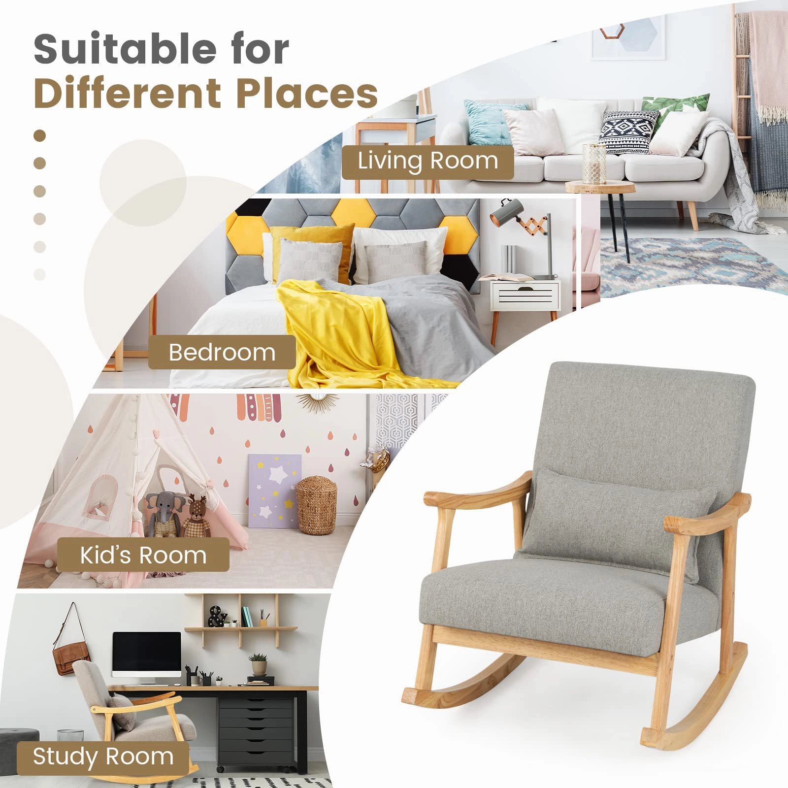 Giantex Upholstered Rocking Chair - Modern Rocker with Rubber Wood Frame, Comfy Backrest & Seat