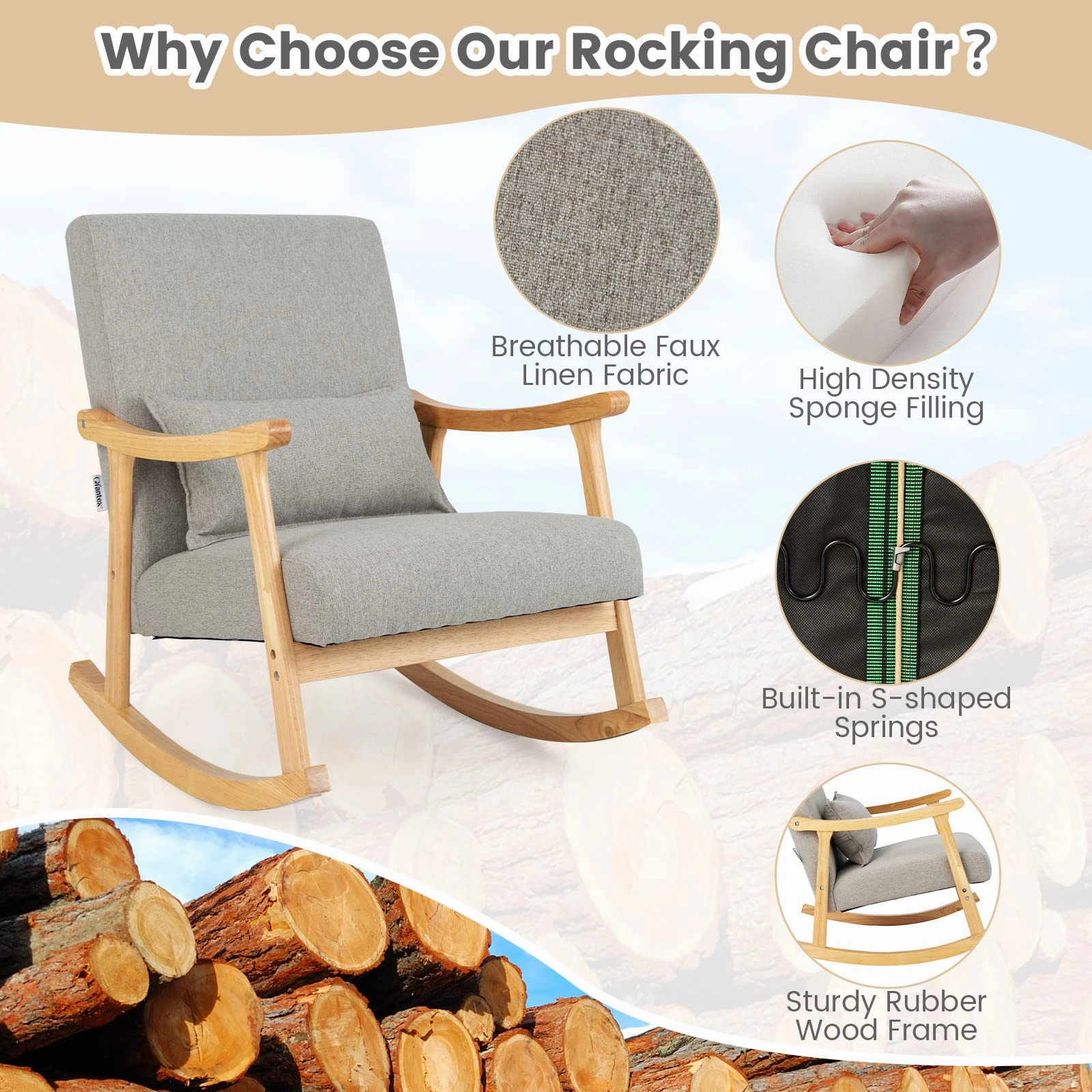 Giantex Upholstered Rocking Chair - Modern Rocker with Rubber Wood Frame, Comfy Backrest & Seat