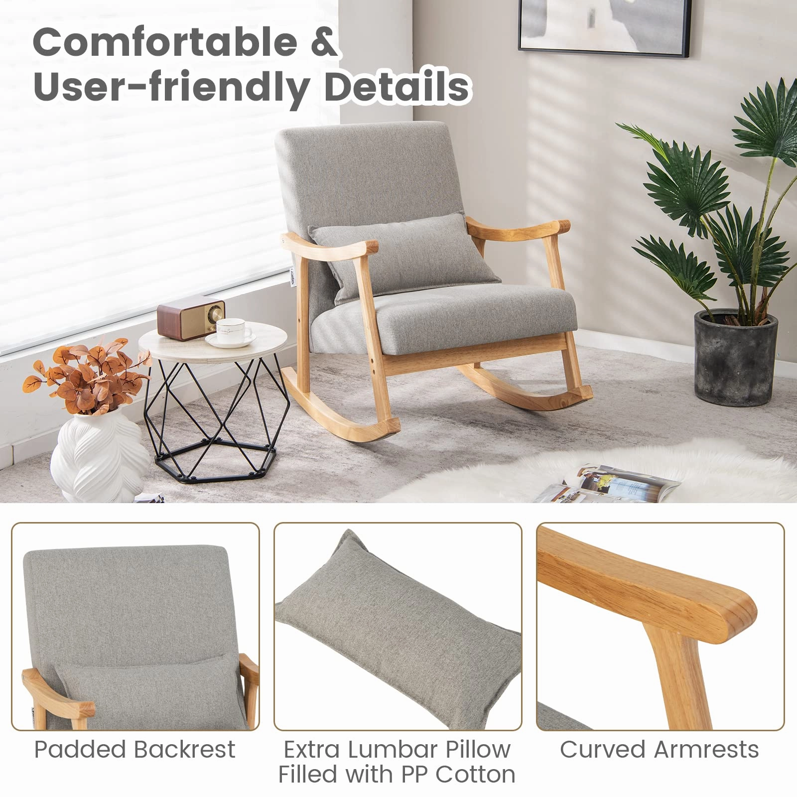 Giantex Upholstered Rocking Chair - Modern Rocker with Rubber Wood Frame, Comfy Backrest & Seat