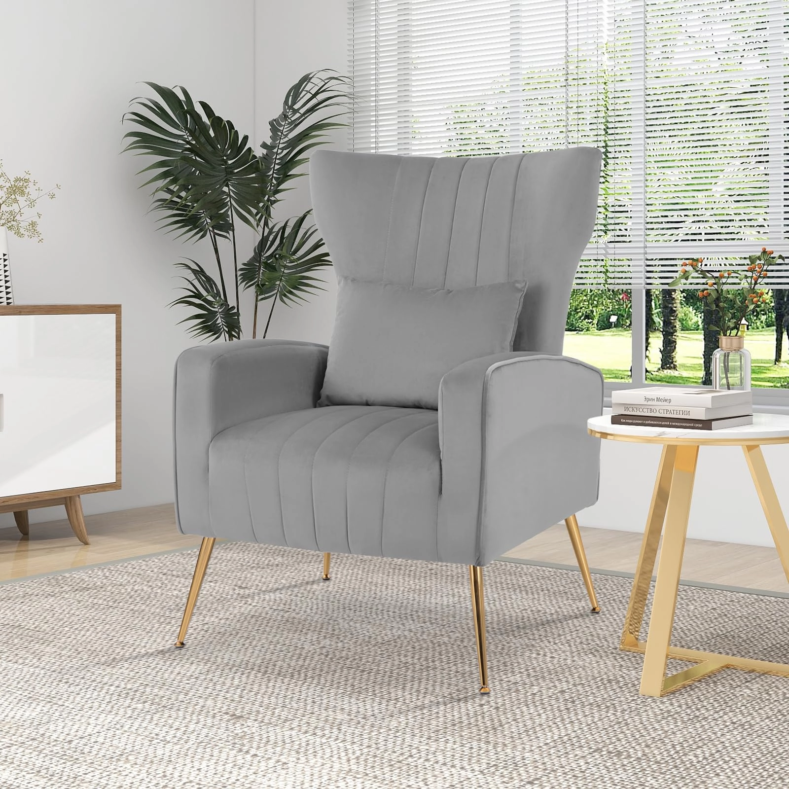 Giantex Velvet Accent Chair with Lumbar Pillow