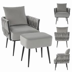 Giantex Velvet Accent Chair with Ottoman, Modern Comfy Arm Chair w/Solid Metal Frame, Pillow sectional sofa, corner couch