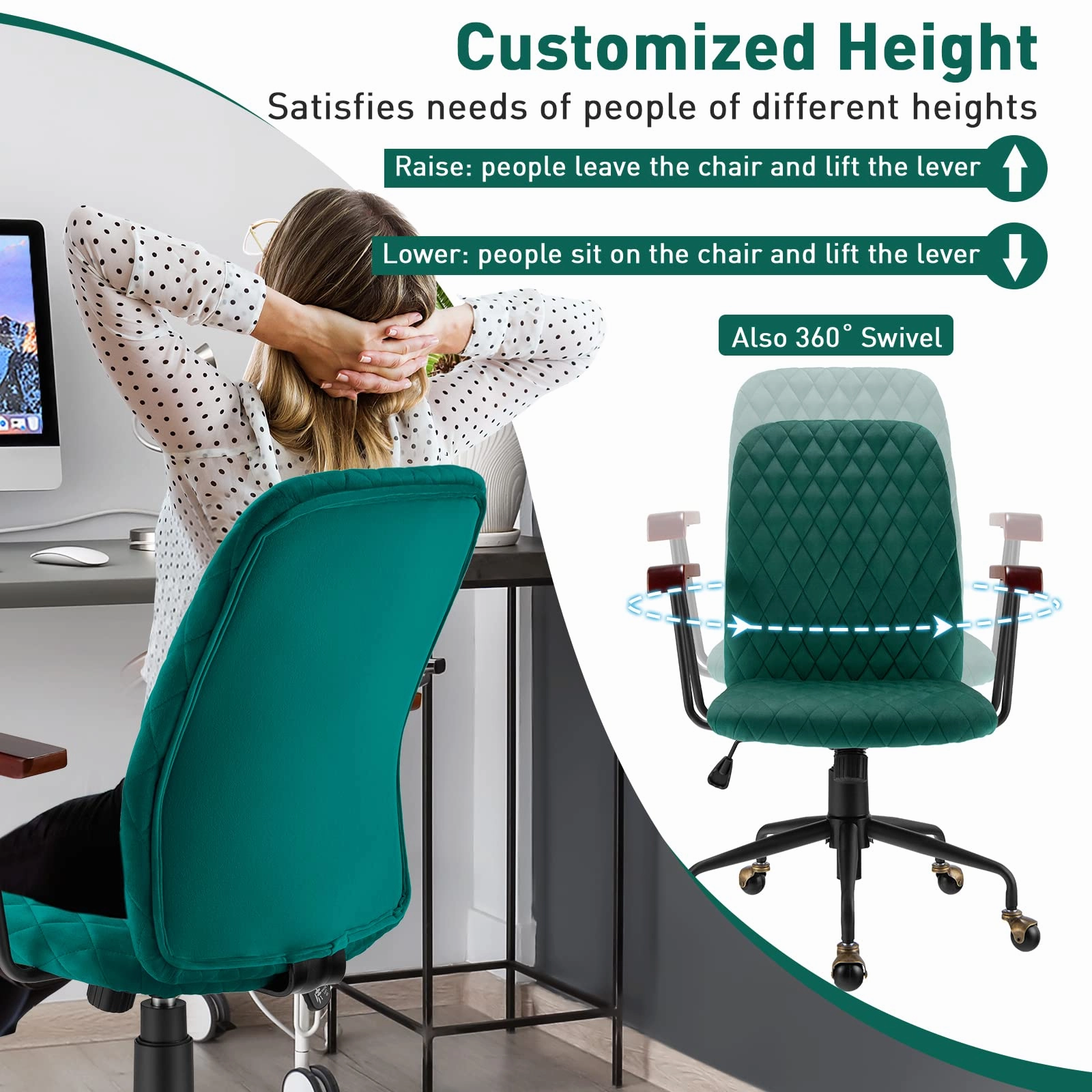 Giantex Velvet Home Office Desk Chair, Adjustable Swivel Task Chair, Vintage Mid-Back Leisure Chair
