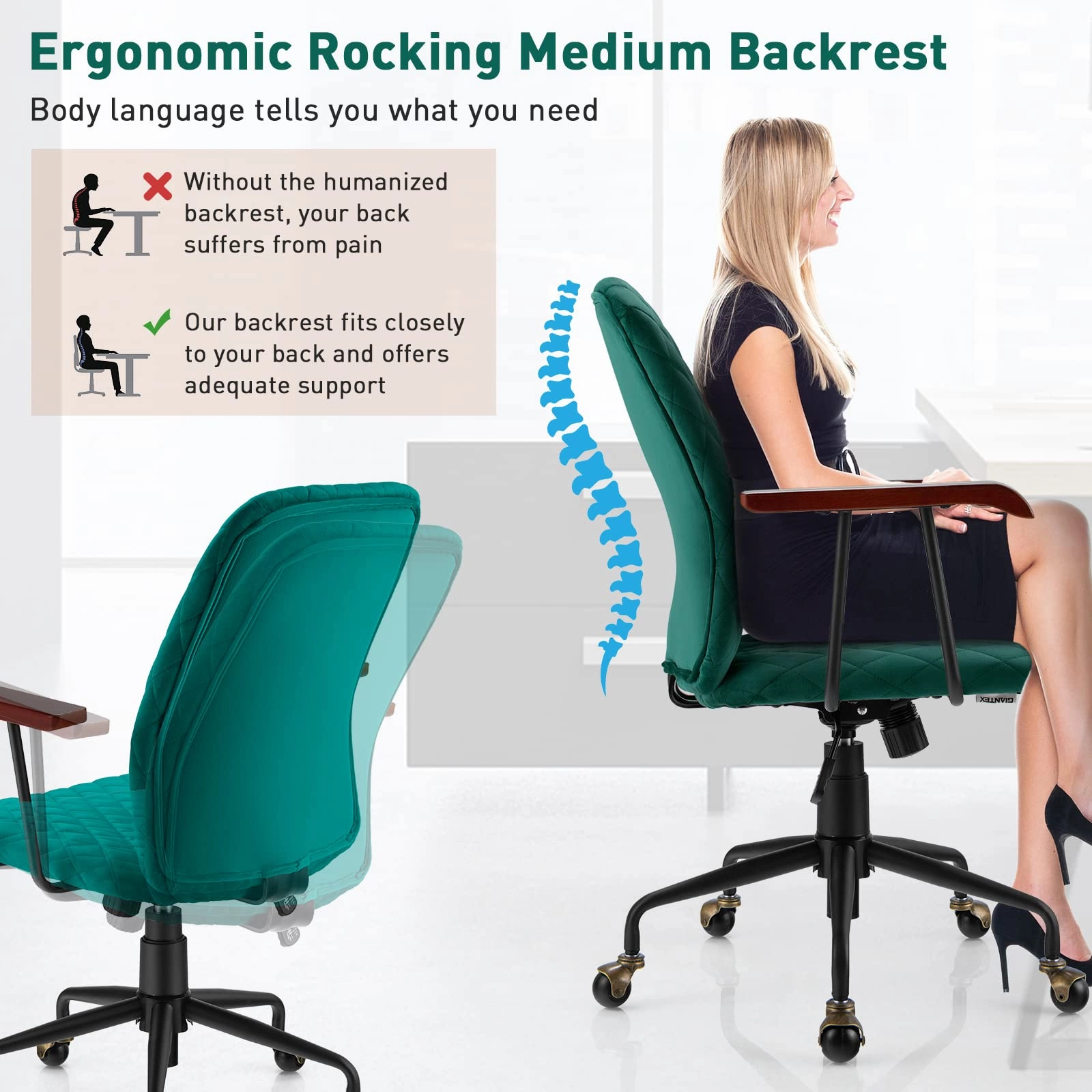 Giantex Velvet Home Office Desk Chair, Adjustable Swivel Task Chair, Vintage Mid-Back Leisure Chair