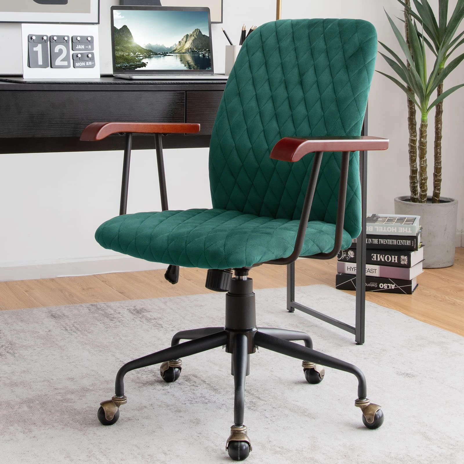 Giantex Velvet Home Office Desk Chair, Adjustable Swivel Task Chair, Vintage Mid-Back Leisure Chair