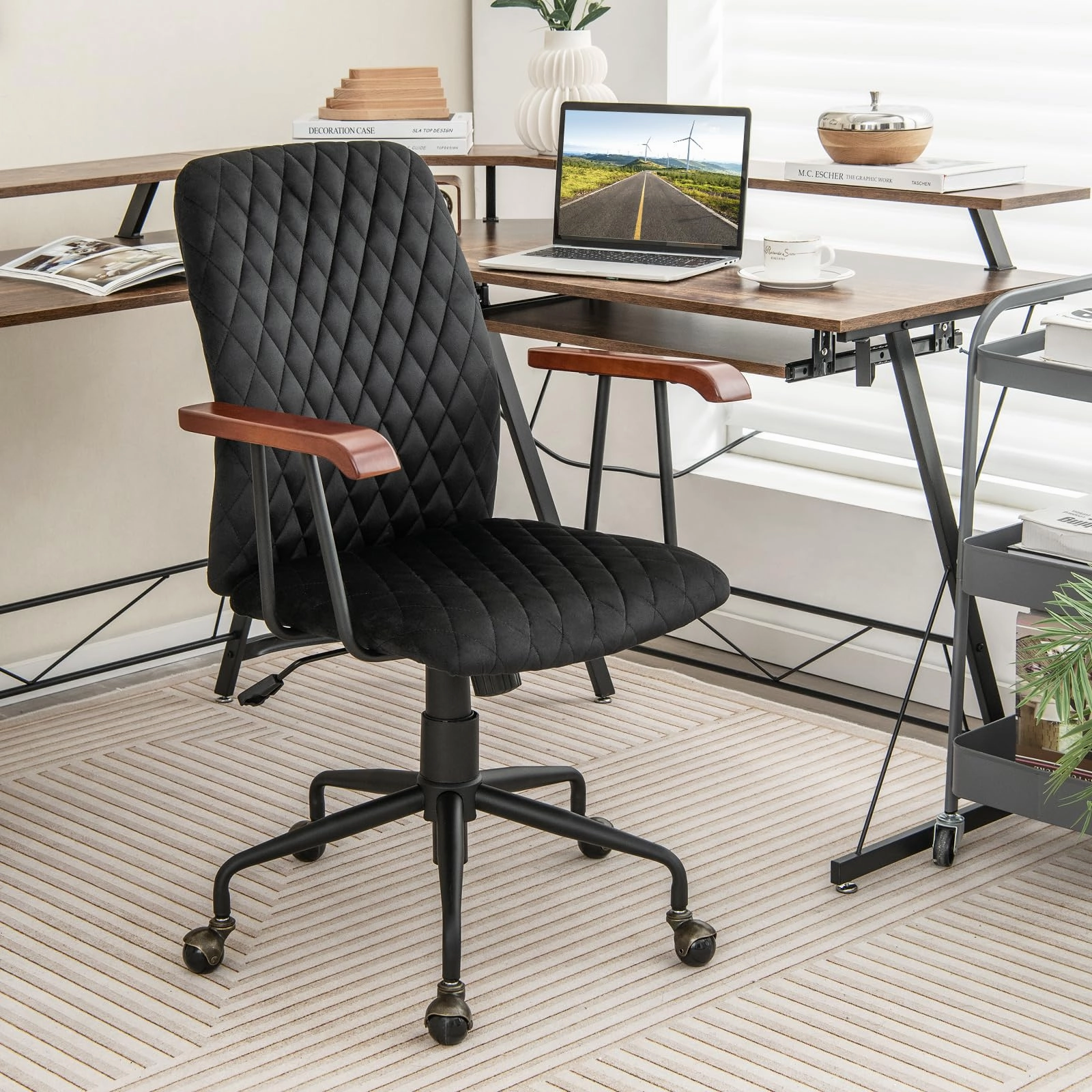 Giantex Velvet Home Office Desk Chair, Adjustable Swivel Task Chair, Vintage Mid-Back Leisure Chair