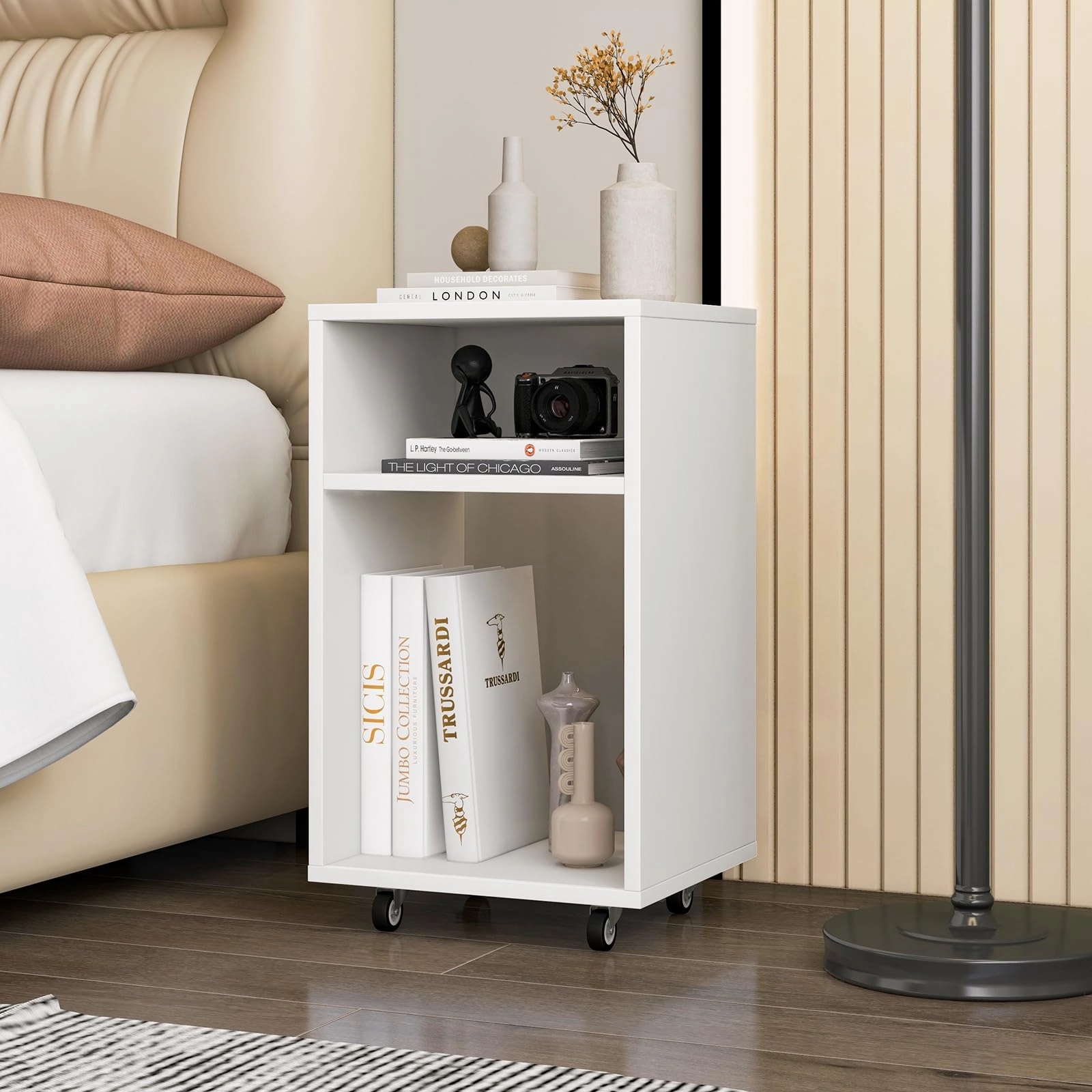 Giantex Vertical Mobile File Cabinet - Rolling Filing Cabinet with 2 Open Shelves, Lockable Casters, White