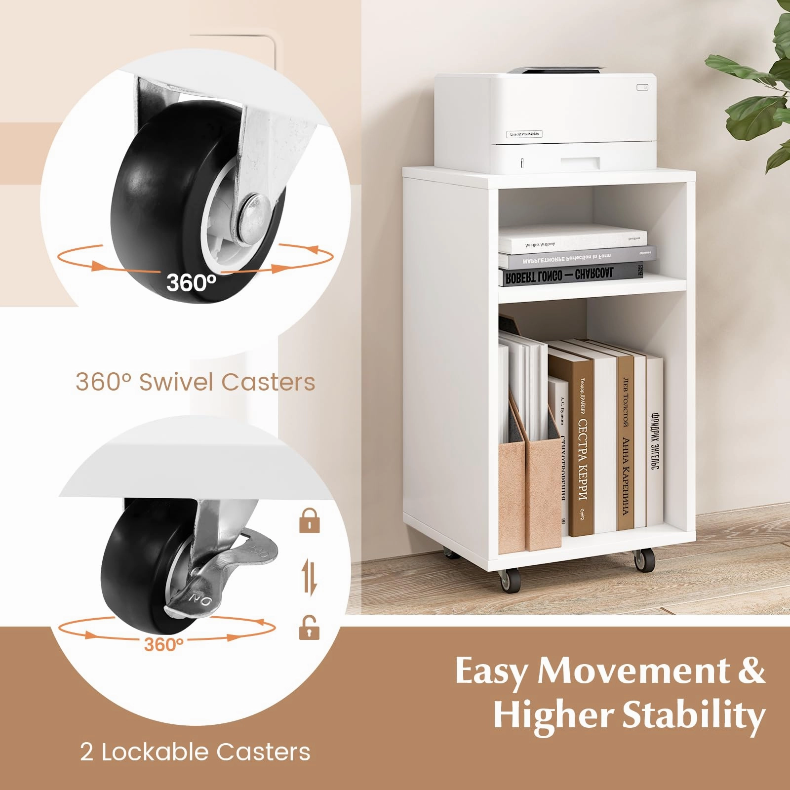 Giantex Vertical Mobile File Cabinet - Rolling Filing Cabinet with 2 Open Shelves, Lockable Casters, White