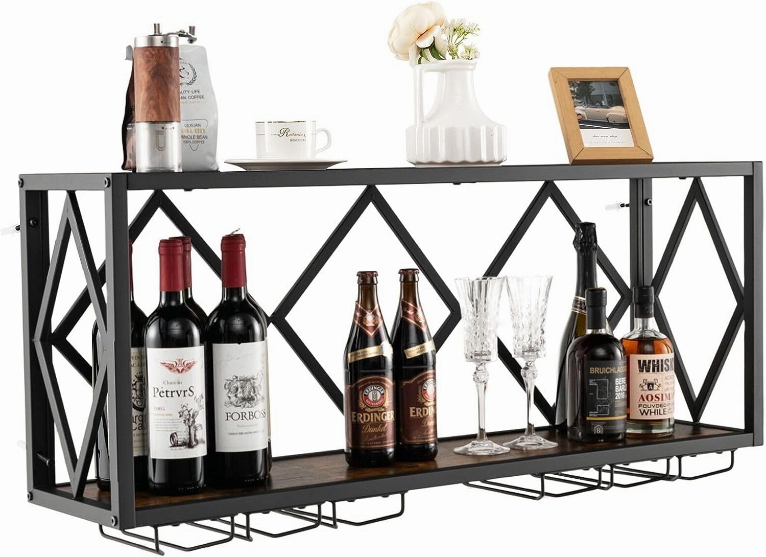 Giantex Wall Mounted Wine Rack, Wine Display Shelf w/Wine Bottle Rack & 6 Rows of Stemware Holder kitchen towel, placemats