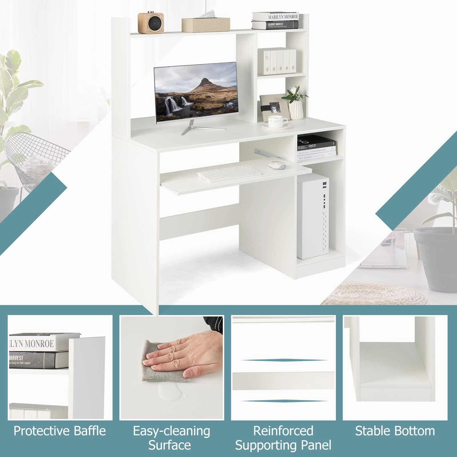 Giantex White Computer Desk with Hutch and Bookshelf