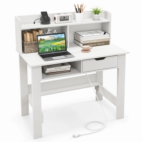 Giantex White Computer Desk with Hutch, Home Office Desk with Power Outlets, USB Ports patio decor, garden accessories