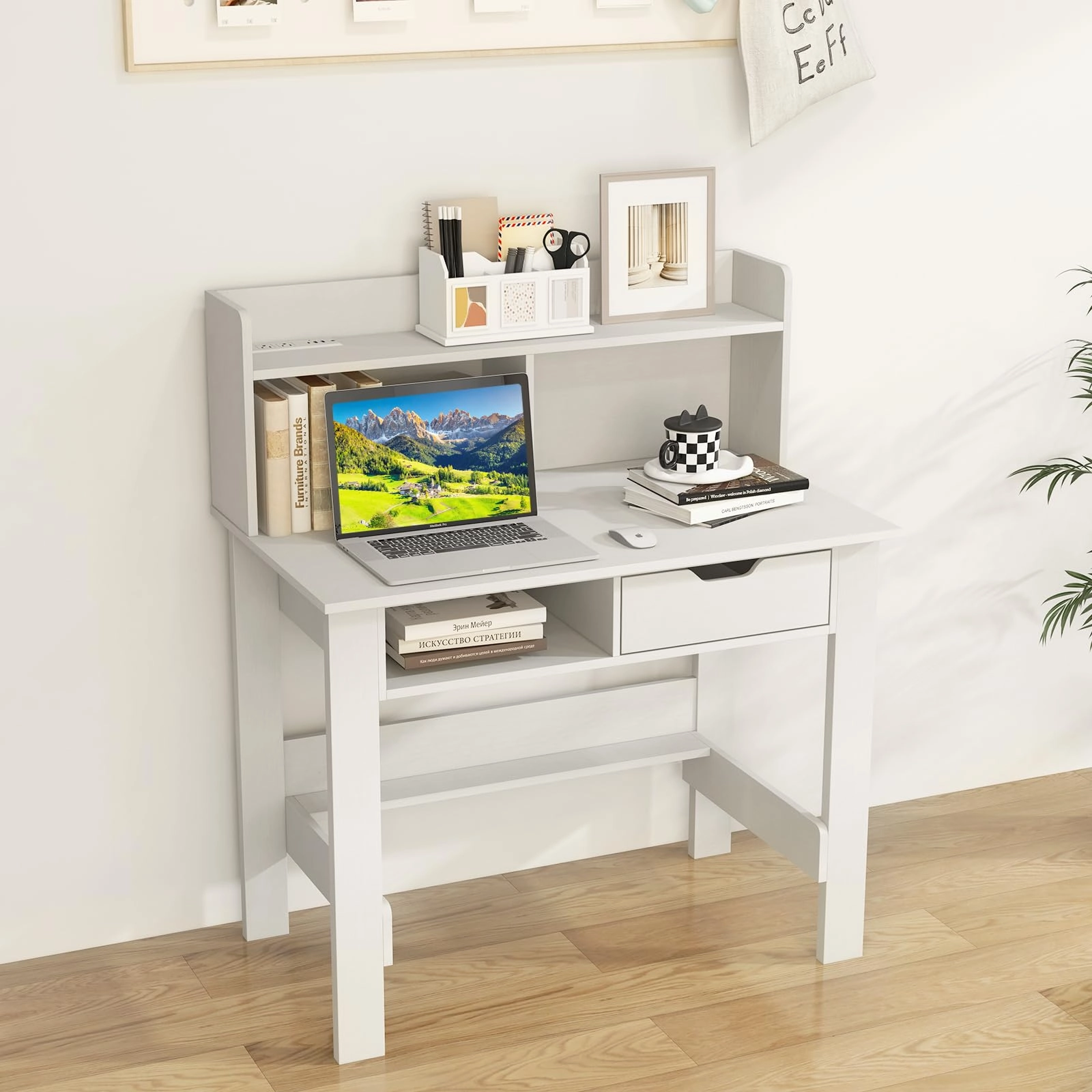 Giantex White Computer Desk with Hutch, Home Office Desk with Power Outlets, USB Ports