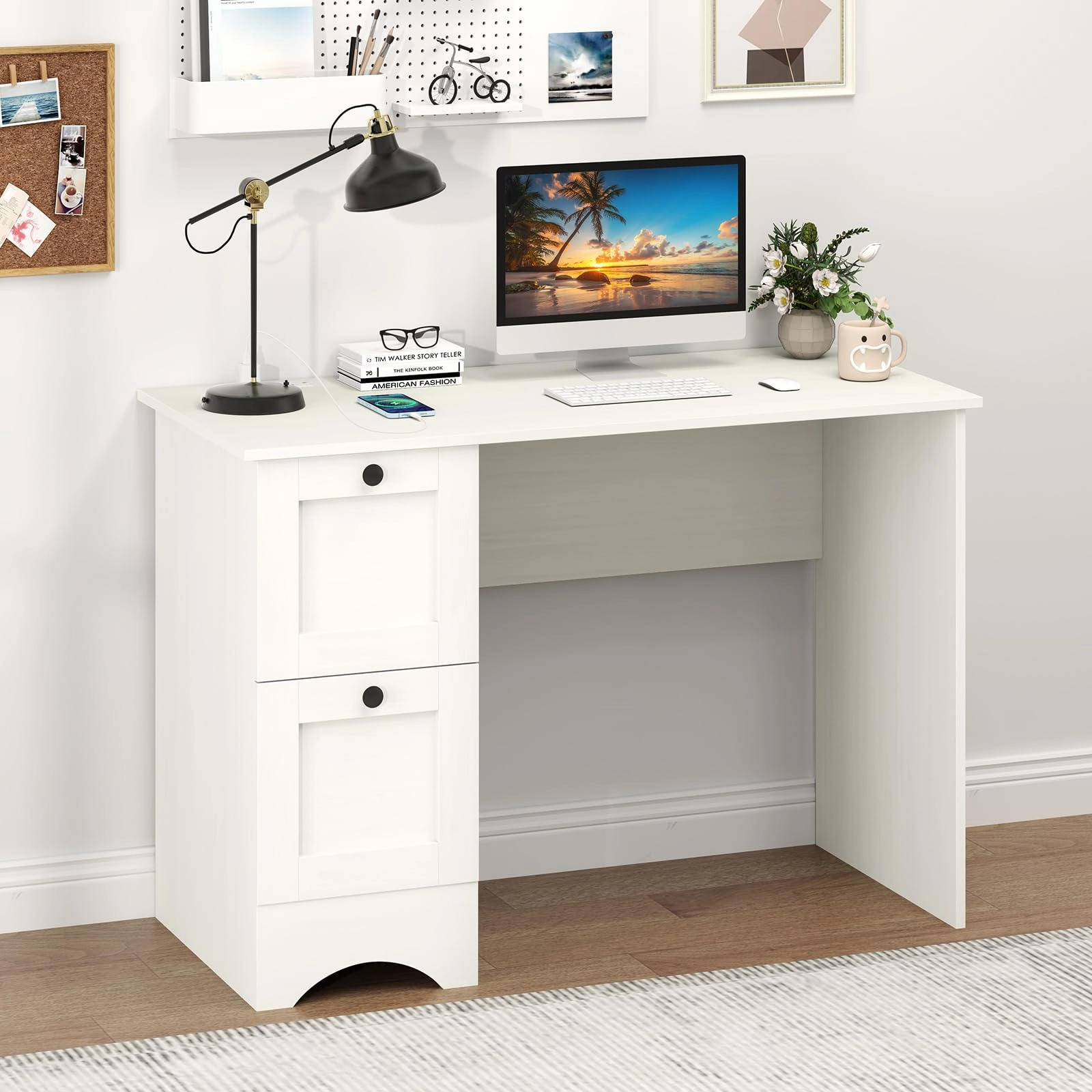 Giantex White Desk with 2 Drawers, 43 Wooden Home Office Desk with Charging Station